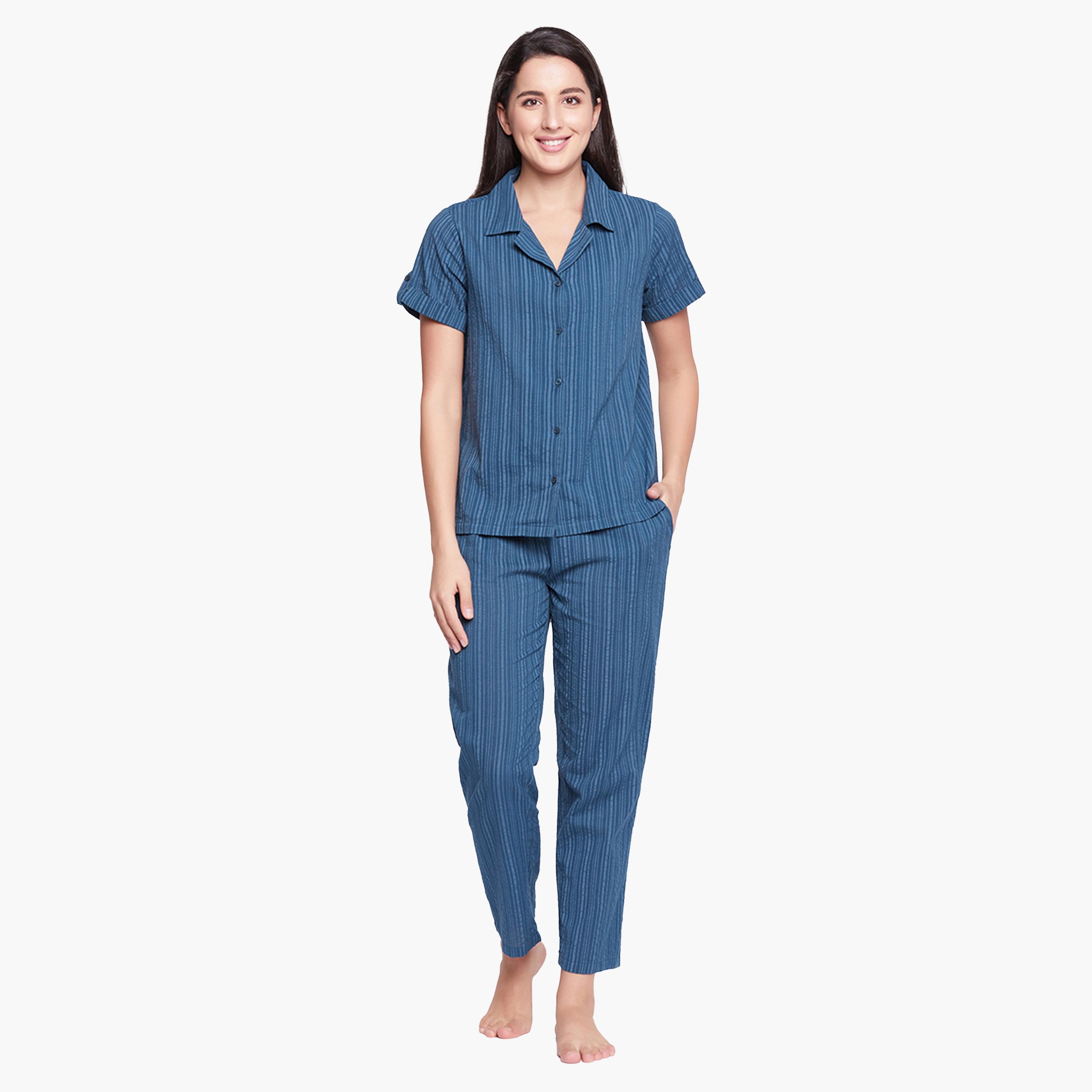 كولفيا × ستايلي - طقم بنطال بيجامة مع قميص مخطط بأزرار وأكمام طويلة - كحلي-women-clothing-nightwear-pyjamas-longsets-image-1