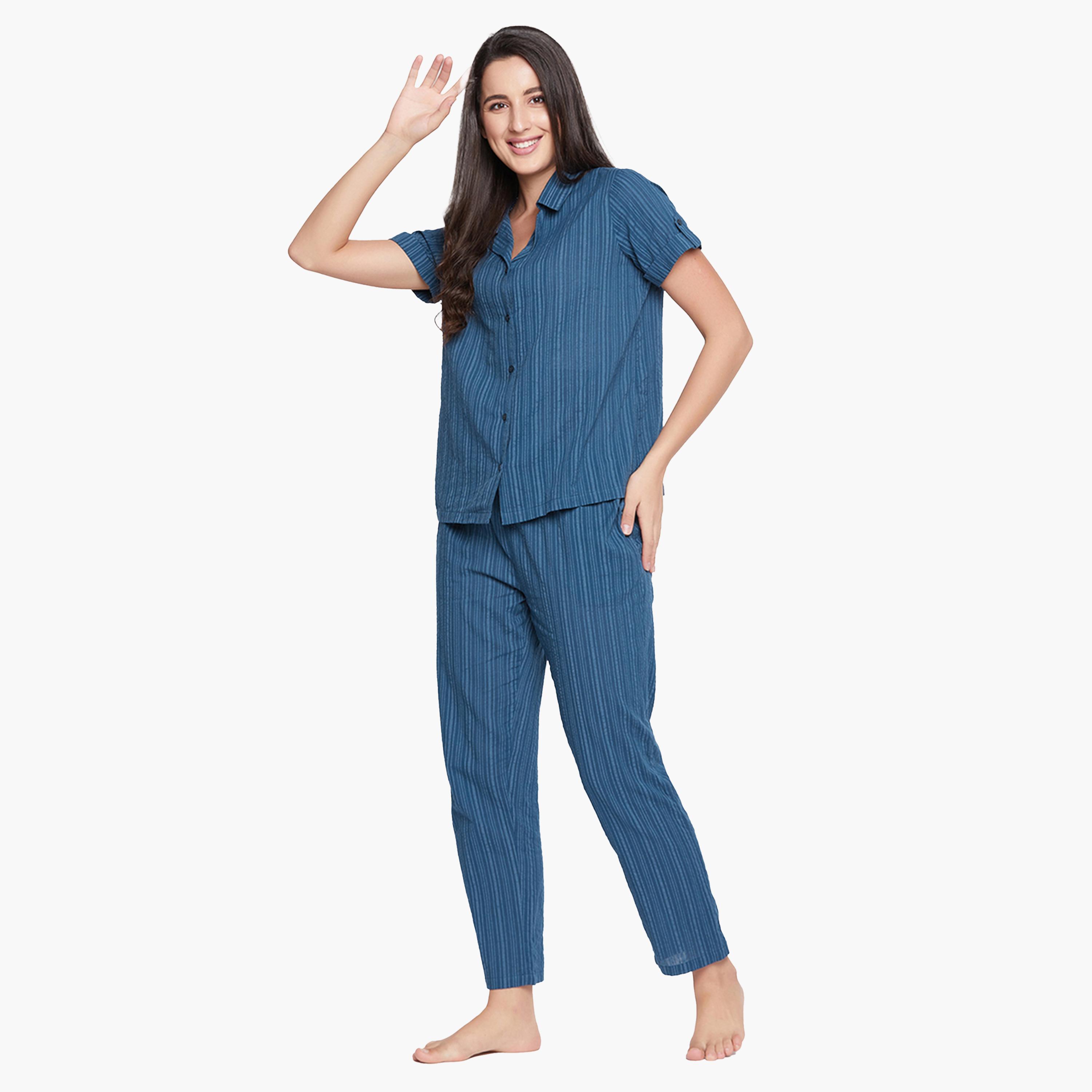 كولفيا × ستايلي - طقم بنطال بيجامة مع قميص مخطط بأزرار وأكمام طويلة - كحلي-women-clothing-nightwear-pyjamas-longsets-image-2