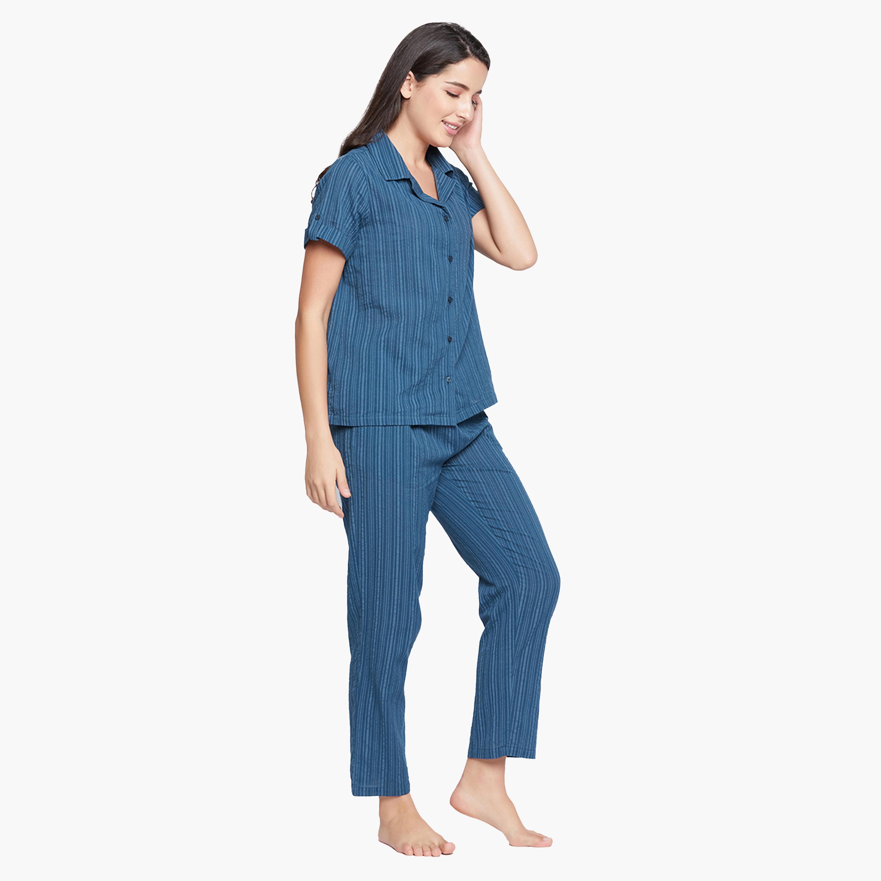 كولفيا × ستايلي - طقم بنطال بيجامة مع قميص مخطط بأزرار وأكمام طويلة - كحلي-women-clothing-nightwear-pyjamas-longsets-image-3