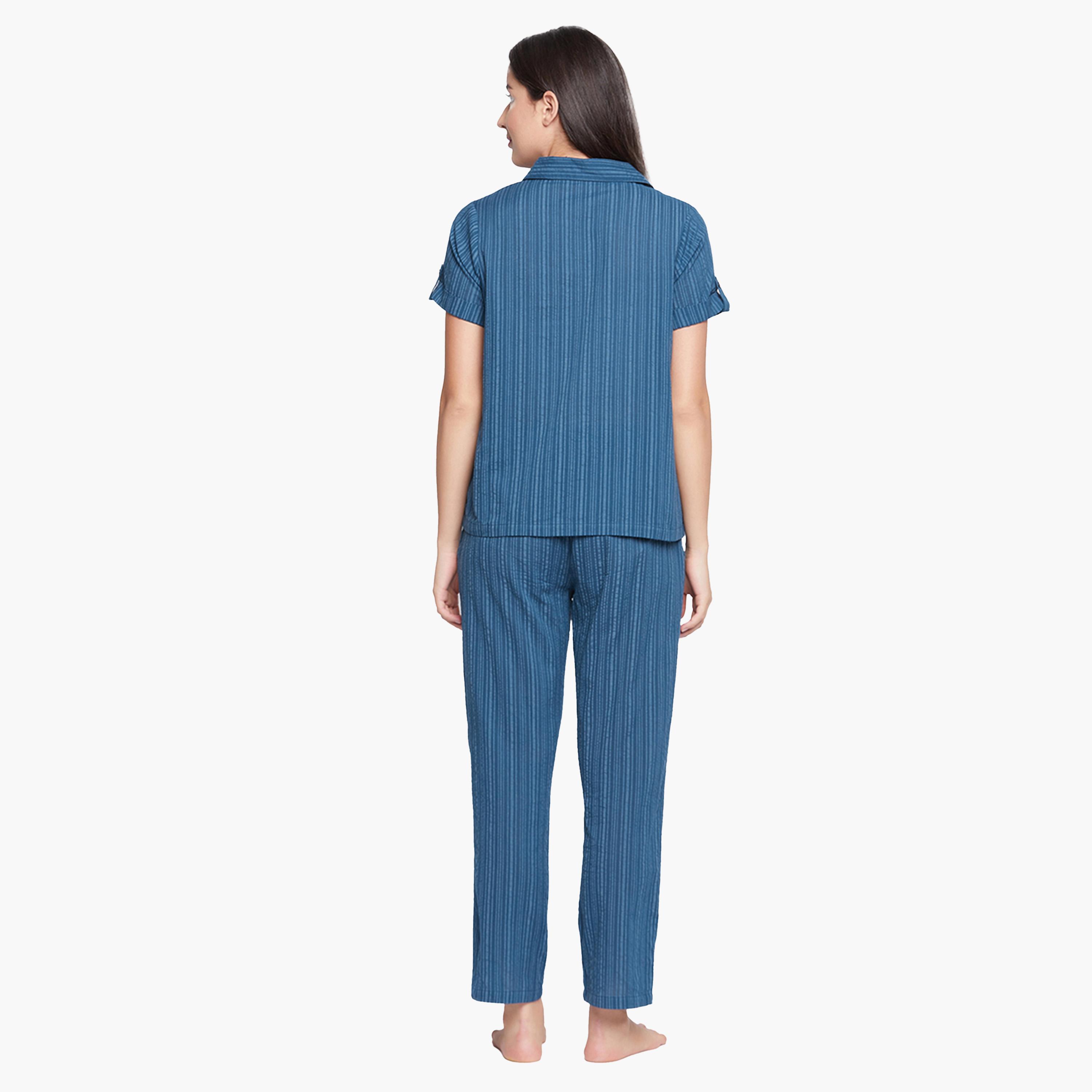 كولفيا × ستايلي - طقم بنطال بيجامة مع قميص مخطط بأزرار وأكمام طويلة - كحلي-women-clothing-nightwear-pyjamas-longsets-image-4