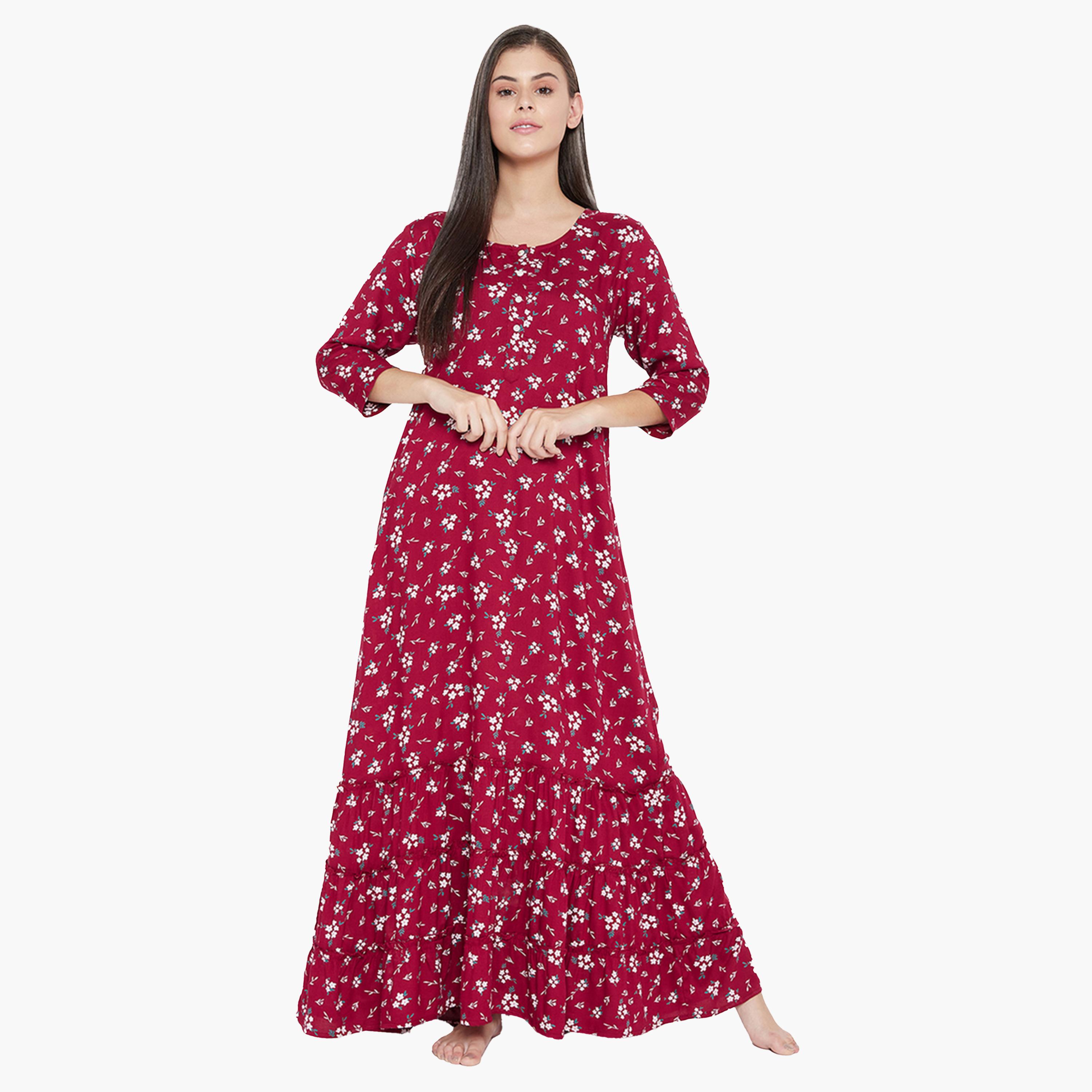 كولفيا × ستايلي - قميص نوم نسائي مورد بأكمام 3/4 - عنابي-women-clothing-nightwear-nighties-image-1