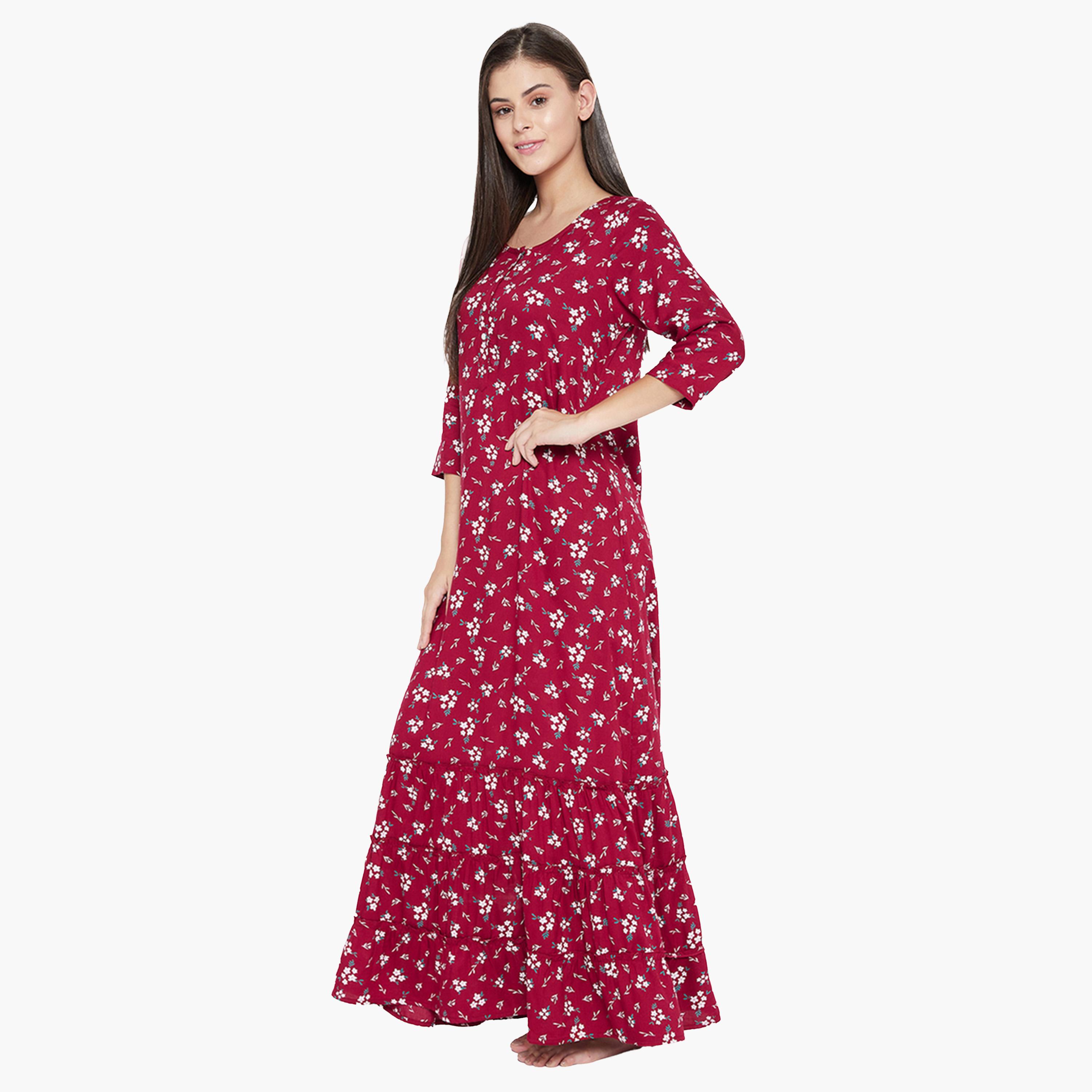 كولفيا × ستايلي - قميص نوم نسائي مورد بأكمام 3/4 - عنابي-women-clothing-nightwear-nighties-image-2