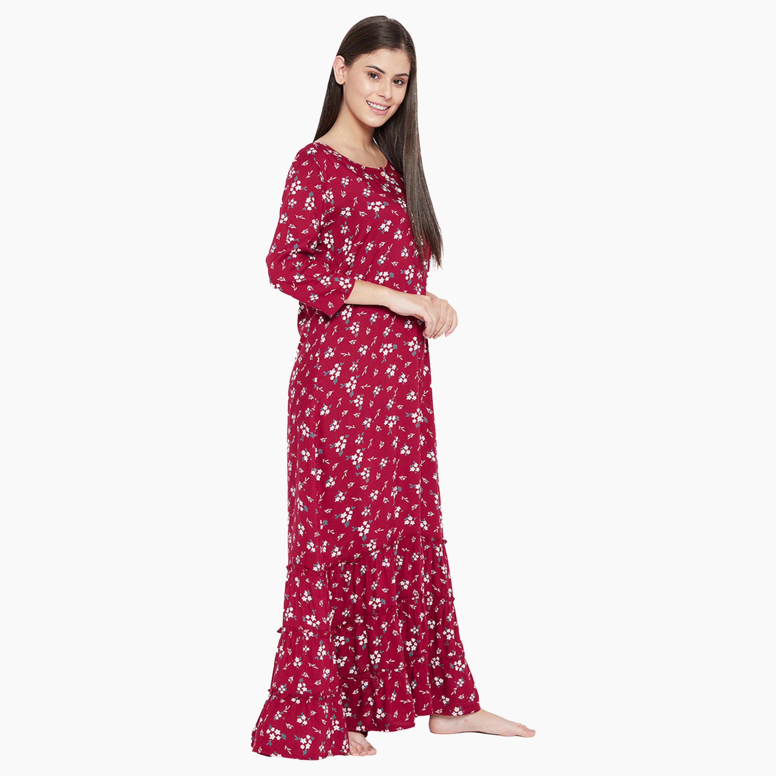 كولفيا × ستايلي - قميص نوم نسائي مورد بأكمام 3/4 - عنابي-women-clothing-nightwear-nighties-image-3
