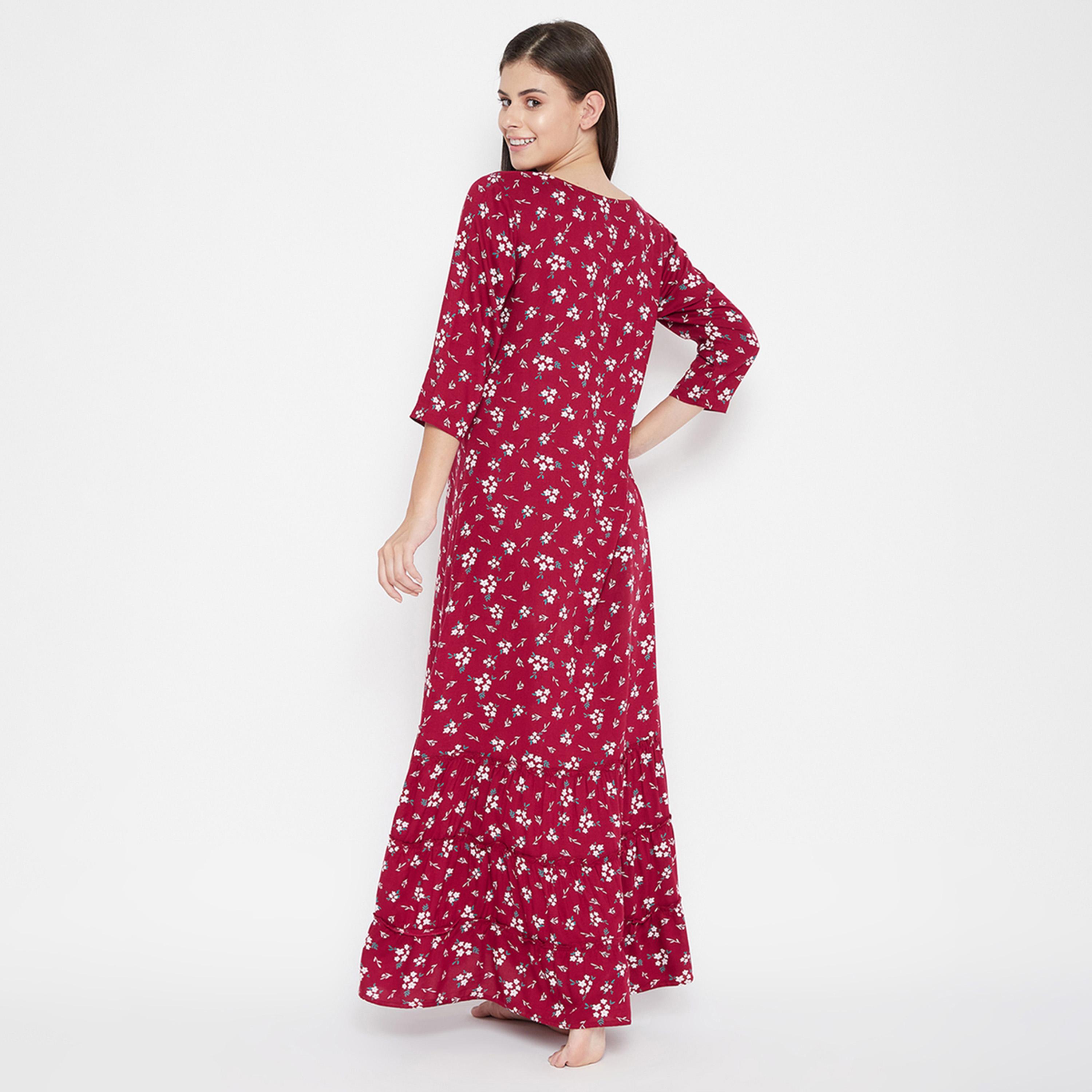 كولفيا × ستايلي - قميص نوم نسائي مورد بأكمام 3/4 - عنابي-women-clothing-nightwear-nighties-image-4