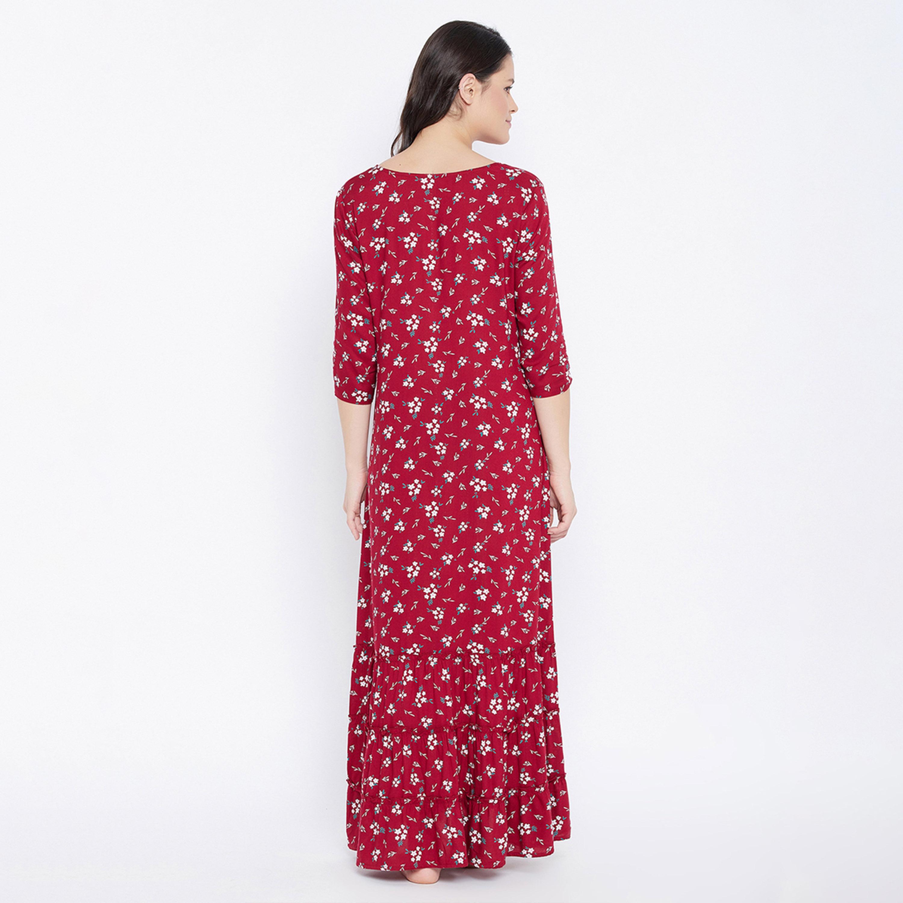 كولفيا × ستايلي - قميص نوم نسائي مورد بأكمام 3/4 - عنابي-women-clothing-nightwear-nighties-image-6