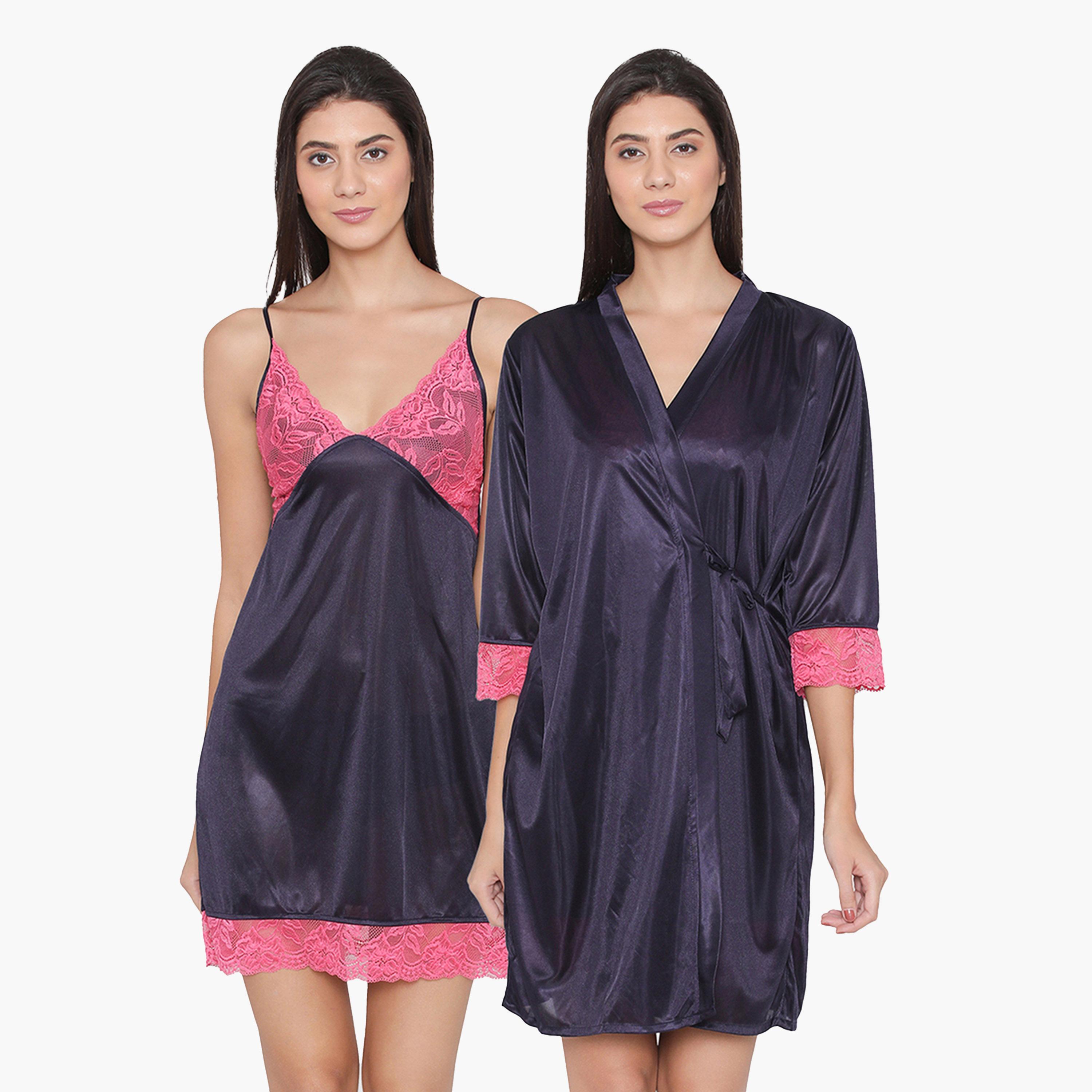 كولفيا × ستايلي - فستان نوم ساتان ماكسي أزرق مع حواف من الدانتيل وأكمام 3/4-women-clothing-nightwear-nighties-image-1