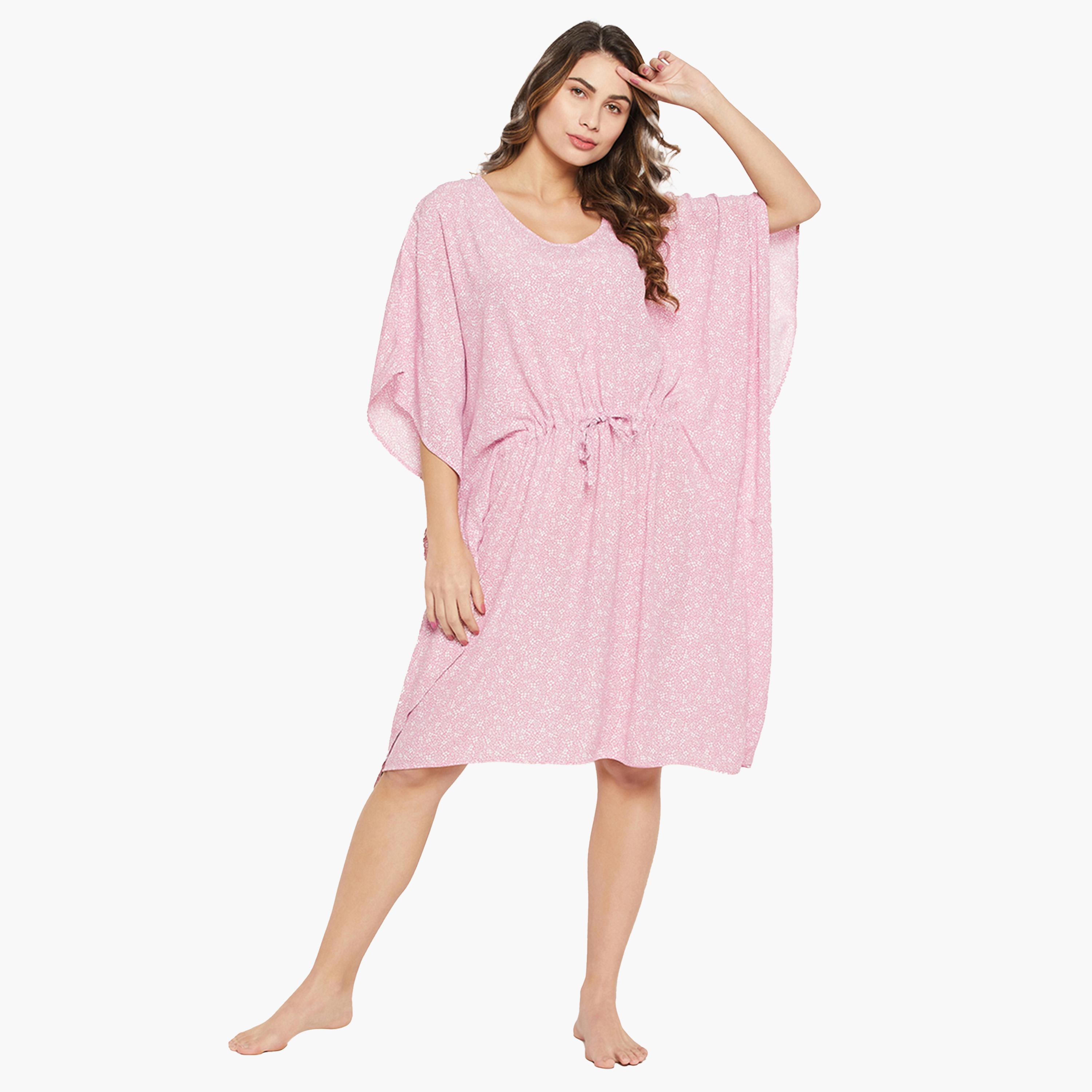 كولفيا × ستايلي - قميص نوم قفطان مورد بأكمام ثلاثة أرباع - وردي-women-clothing-nightwear-nighties-image-1