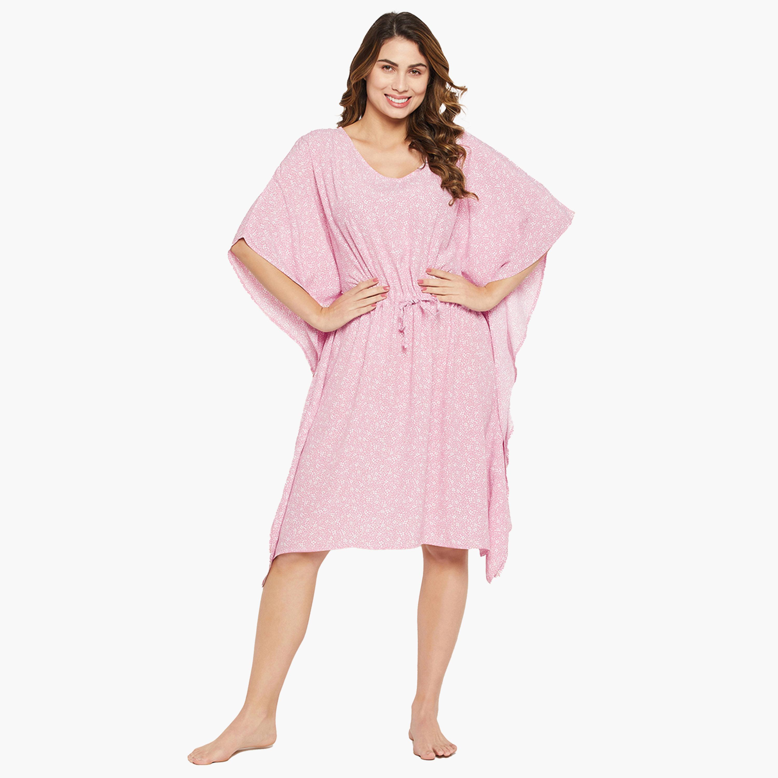 Clovia X Styli Women Pink 3/4 Sleeve Floral Print Kaftan Nightdress-women-clothing-nightwear-nighties-image-2