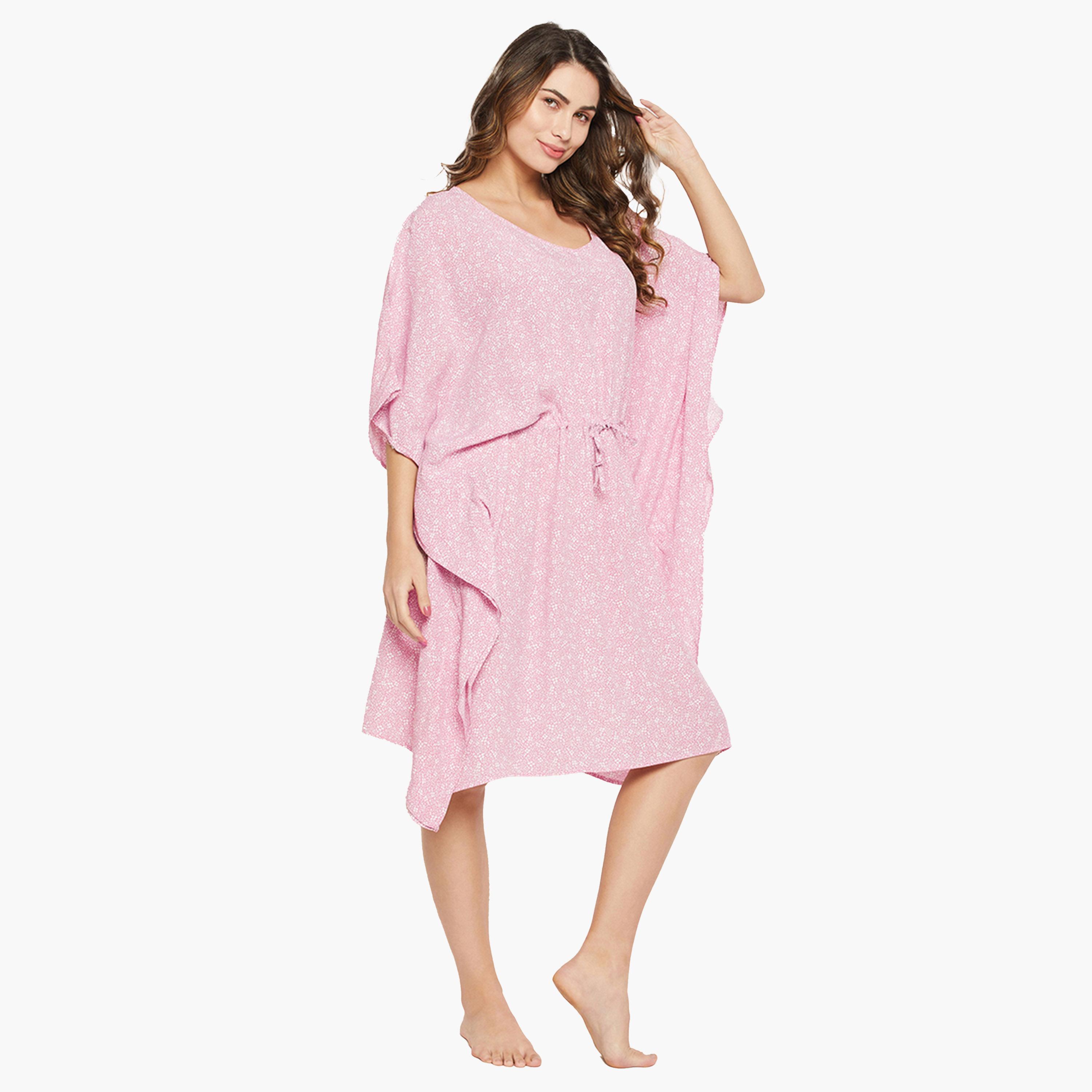 Clovia X Styli Women Pink 3/4 Sleeve Floral Print Kaftan Nightdress-women-clothing-nightwear-nighties-image-5