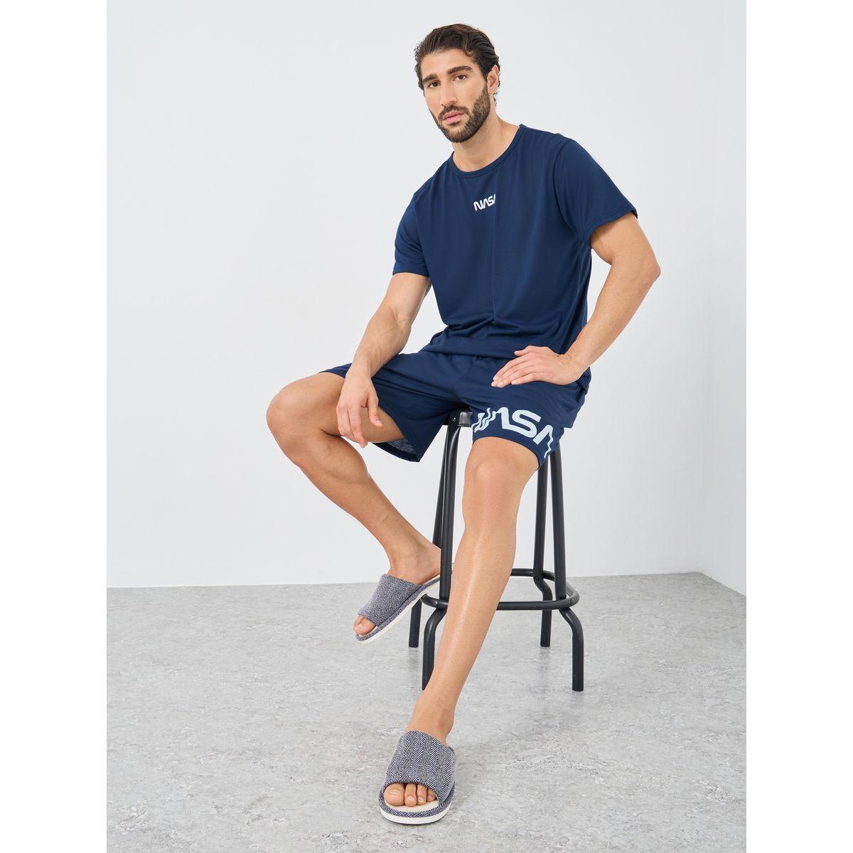 Styli Front and Back NASA Slogan Print T-Shirt and Shorts Set-men-clothing-nightwear-sets-image-1
