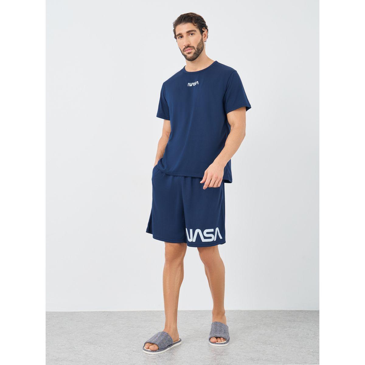 Styli Front and Back NASA Slogan Print T-Shirt and Shorts Set-men-clothing-nightwear-sets-image-3