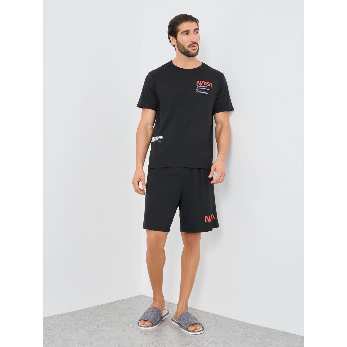 Styli NASA Slogan Print Short Sleeve T-Shirt and Shorts Set-men-clothing-nightwear-sets-image-1