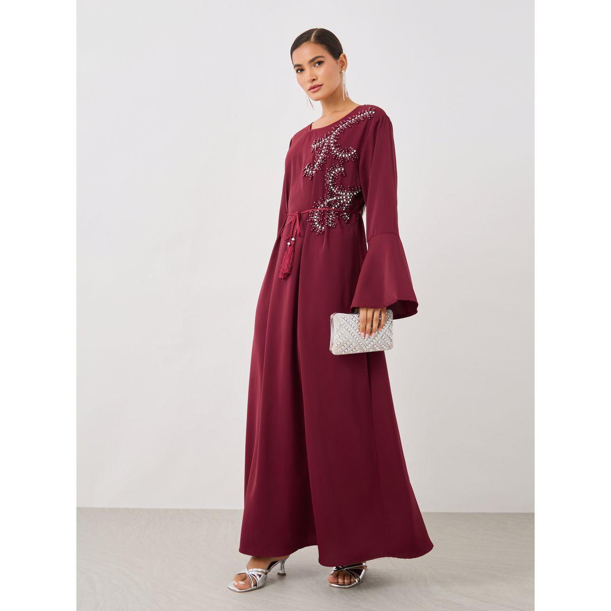 Styli Embellished V-Neck A-Line Belted Jalabiya-women-arabicclothing-jalabiyas-image-1