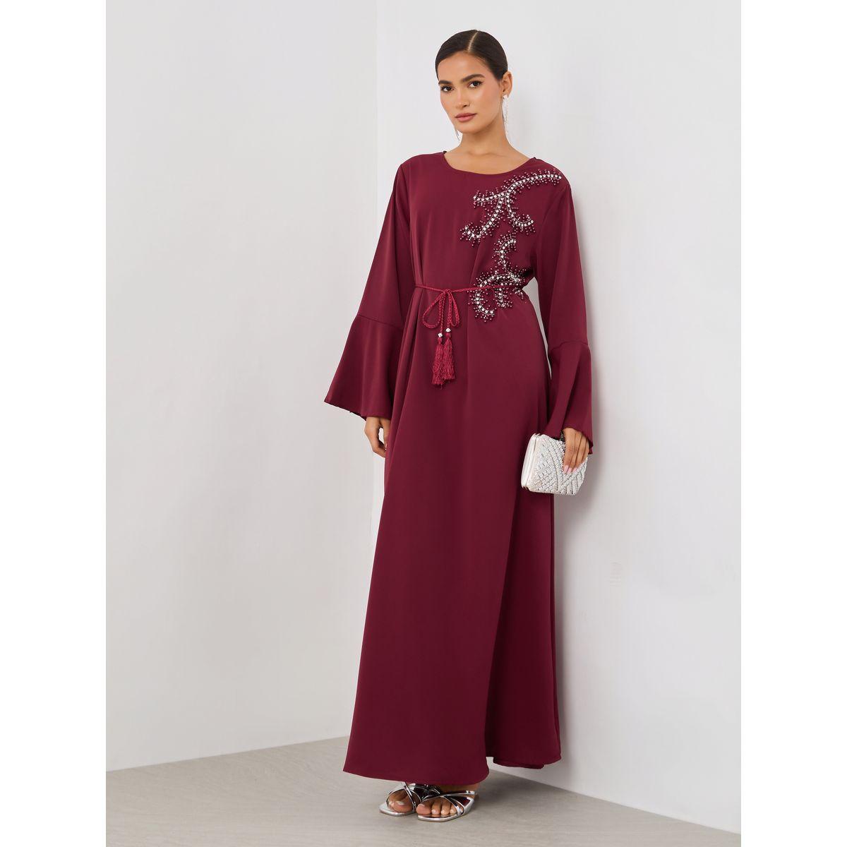Styli Embellished V-Neck A-Line Belted Jalabiya-women-arabicclothing-jalabiyas-image-2