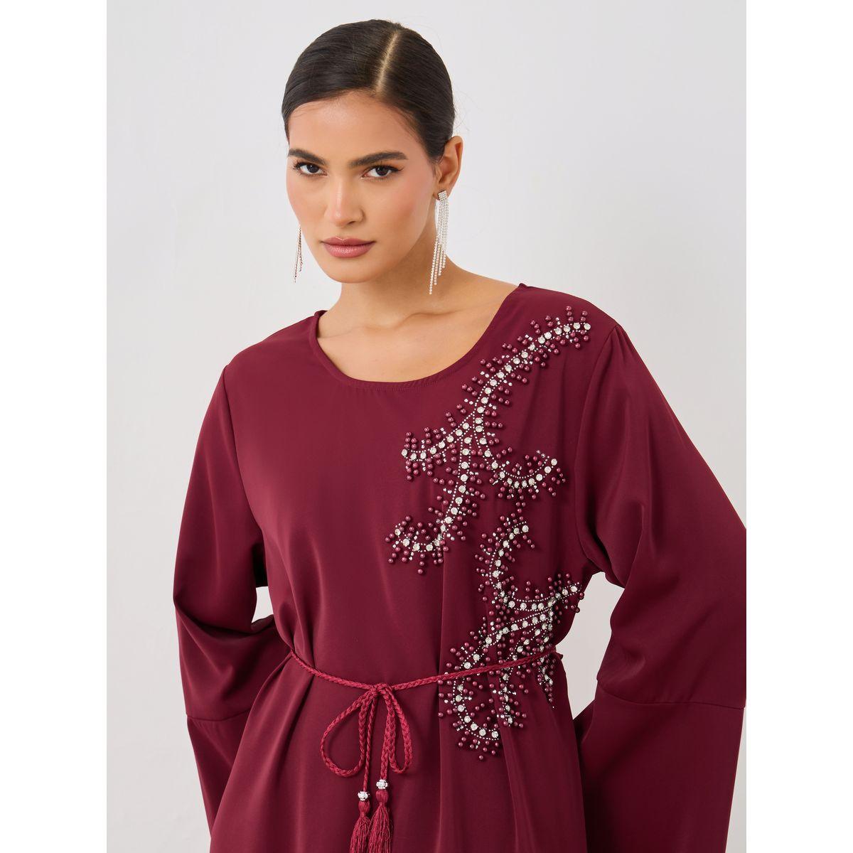 Styli Embellished V-Neck A-Line Belted Jalabiya-women-arabicclothing-jalabiyas-image-4