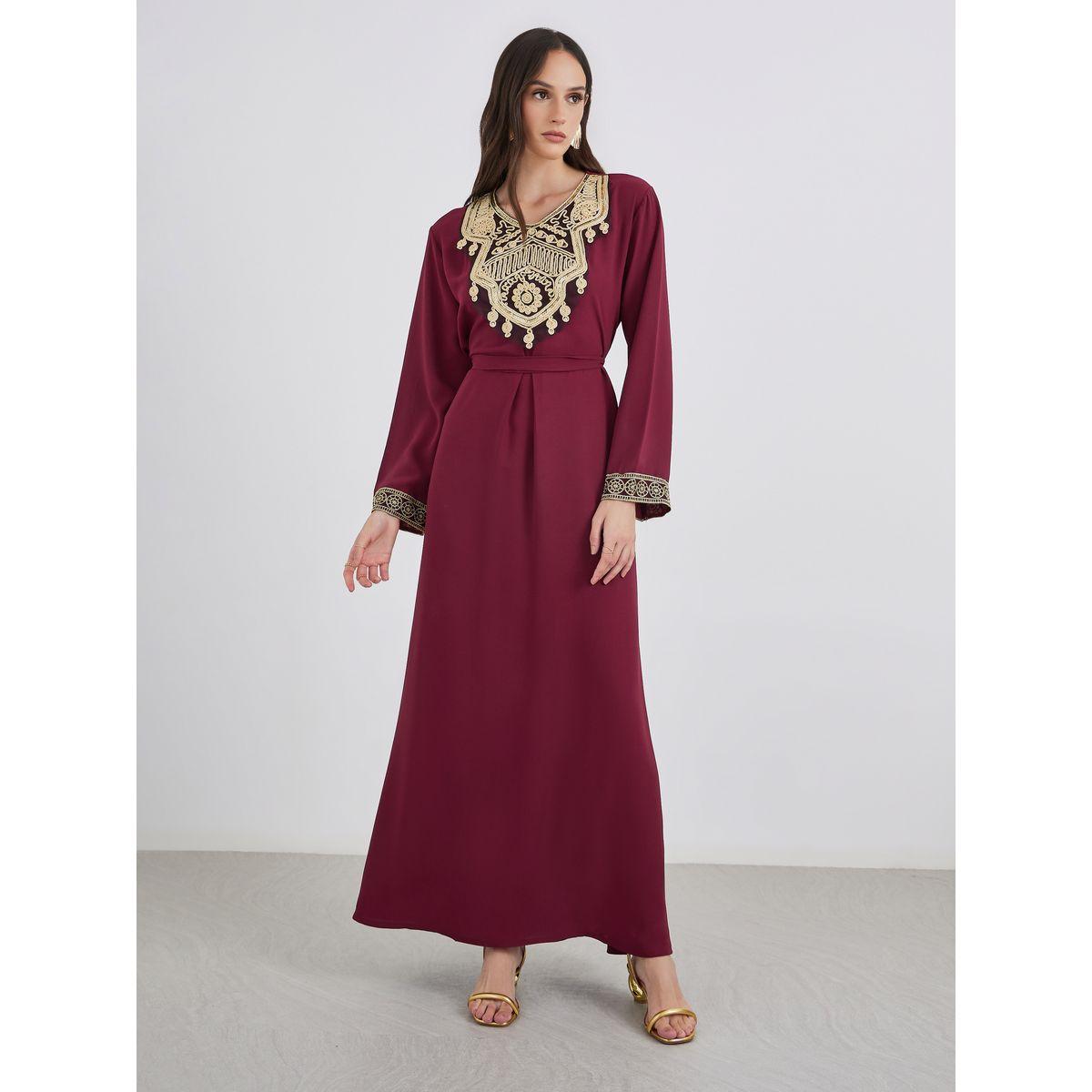 Amirah X Styli Embroidered V Neck A-Line Jalabiya-women-arabicclothing-jalabiyas-image-2