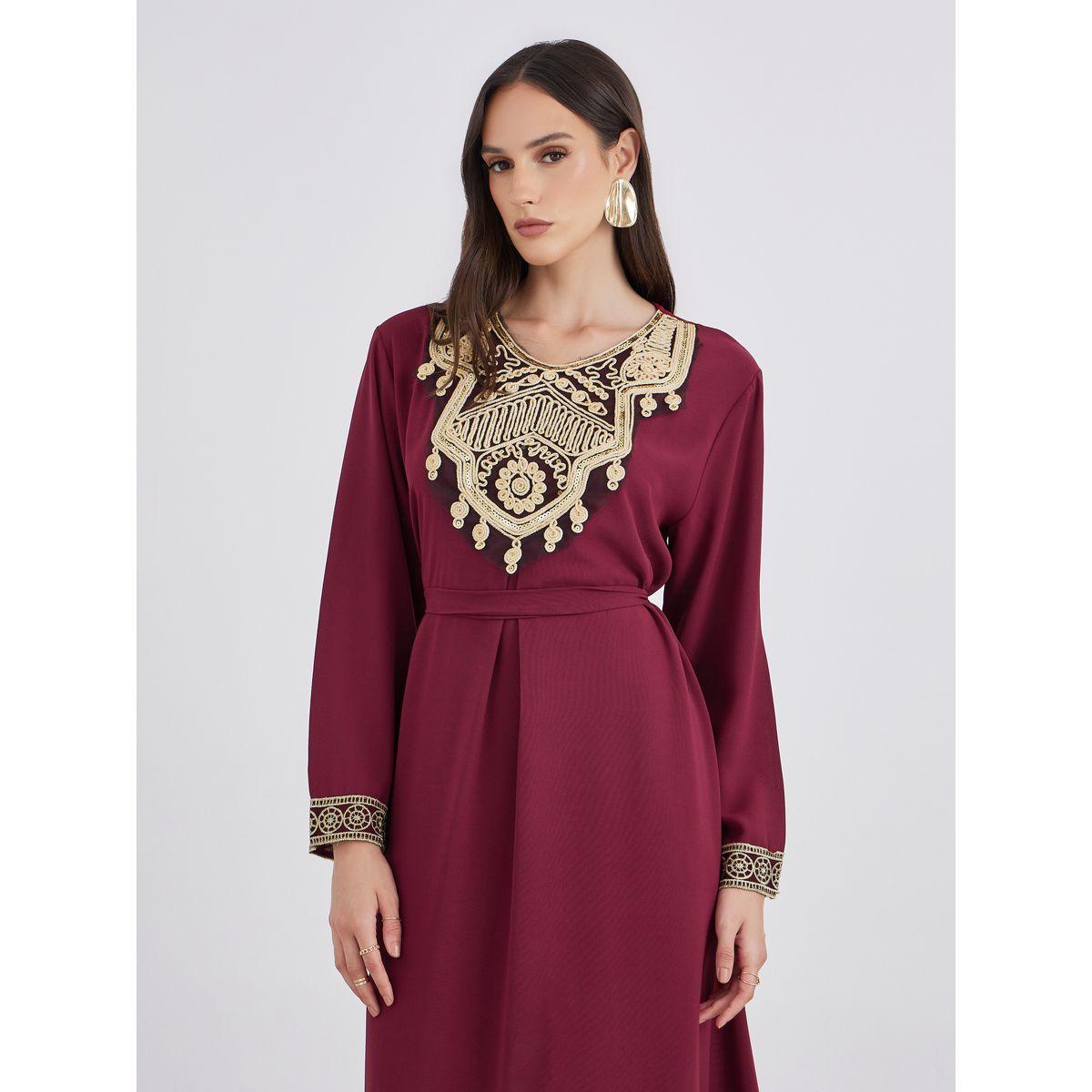 Amirah X Styli Embroidered V Neck A-Line Jalabiya-women-arabicclothing-jalabiyas-image-3