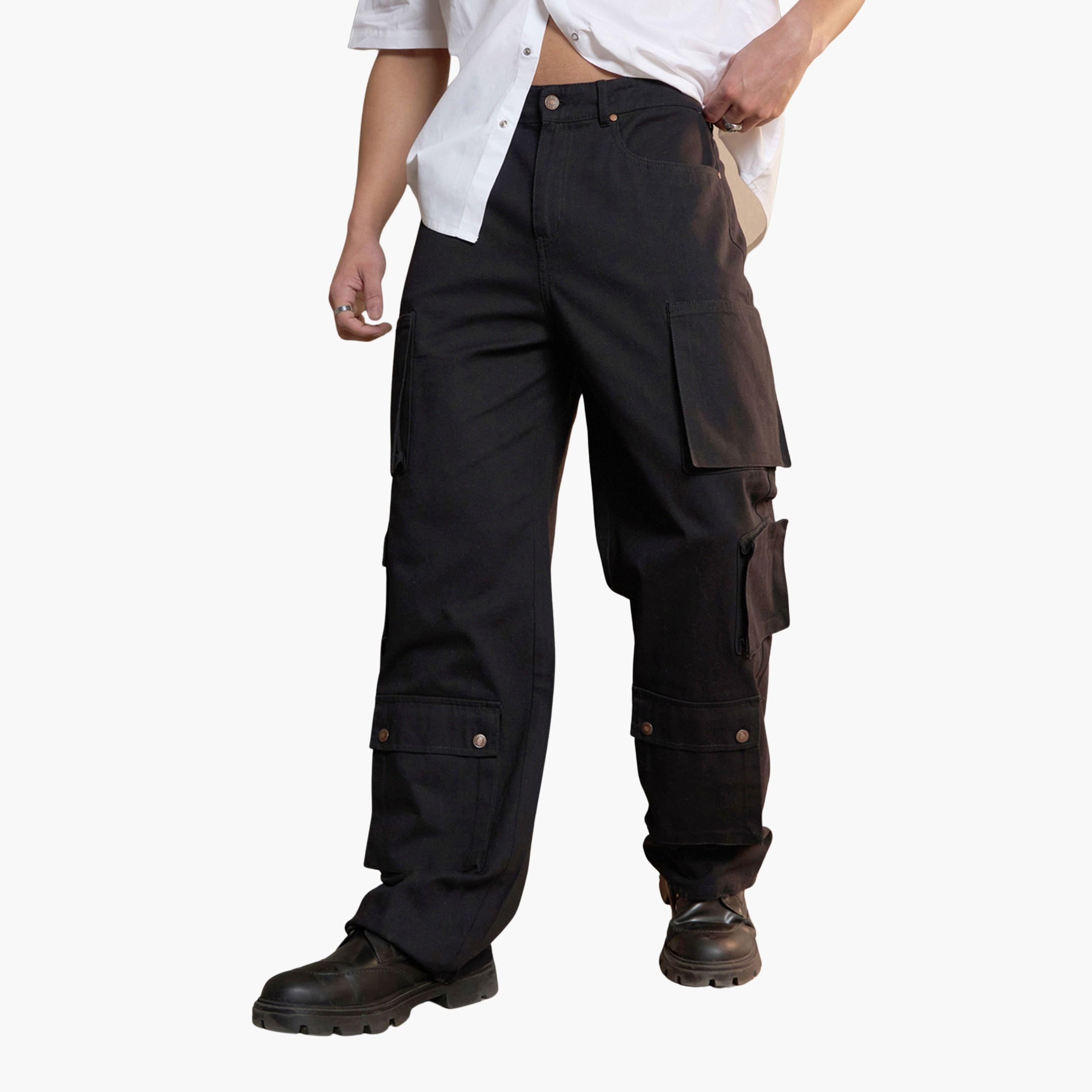 Sassafras Women Black Twill Utility Pockets Wide Leg Cargo Pants-women-clothing-bottoms-trousers-image-1
