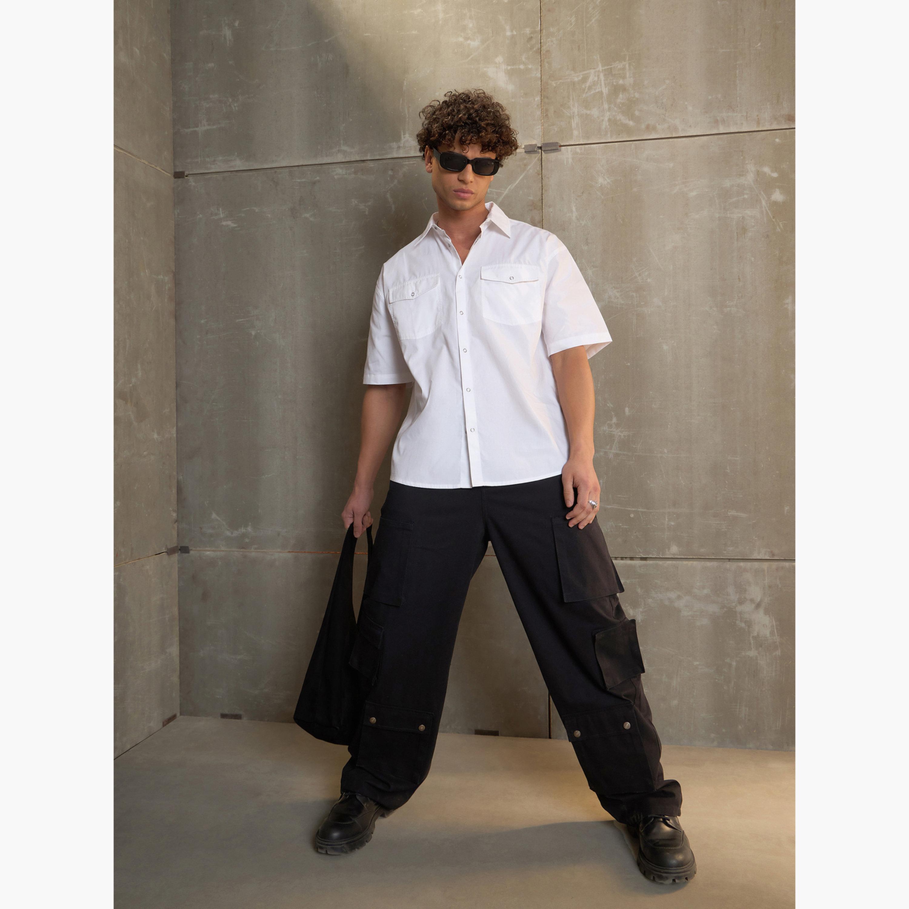 ساسافراس - بنطال كارجو أسود واسع الساق بجيوب متعددة الاستخدامات-women-clothing-bottoms-trousers-image-2