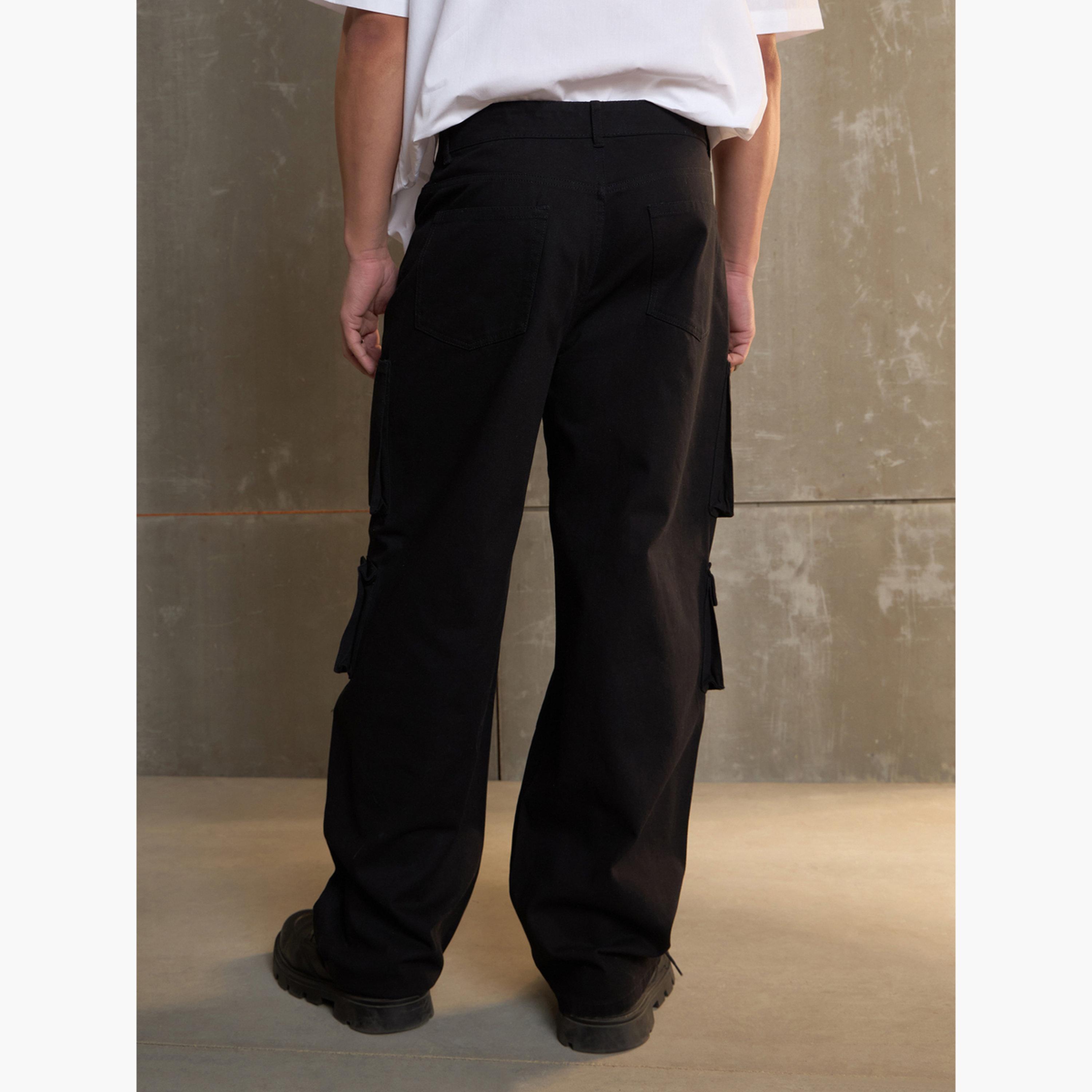 ساسافراس - بنطال كارجو أسود واسع الساق بجيوب متعددة الاستخدامات-women-clothing-bottoms-trousers-image-5