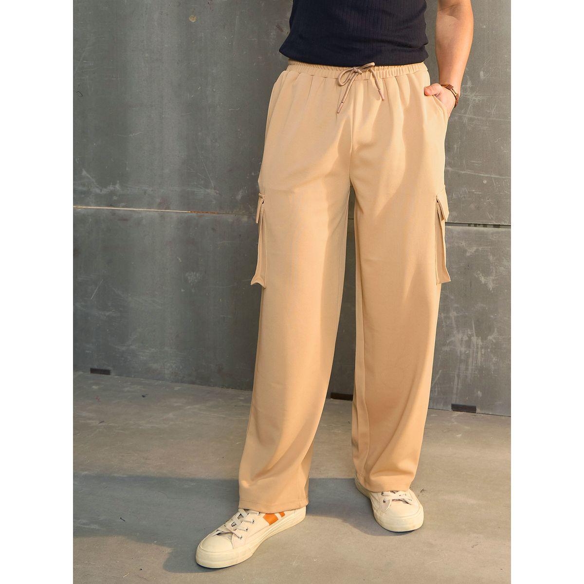 Sassafras Beige Solid Drawstring Waist Wide Leg Pants-women-clothing-bottoms-trousers-image-1