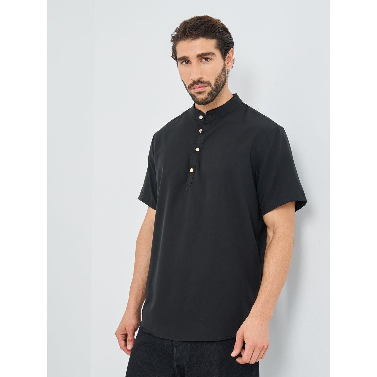 Styli Mandarin Collar Half Placket Short Sleeve Slim Fit Shirt-men-clothing-shirts-image-1