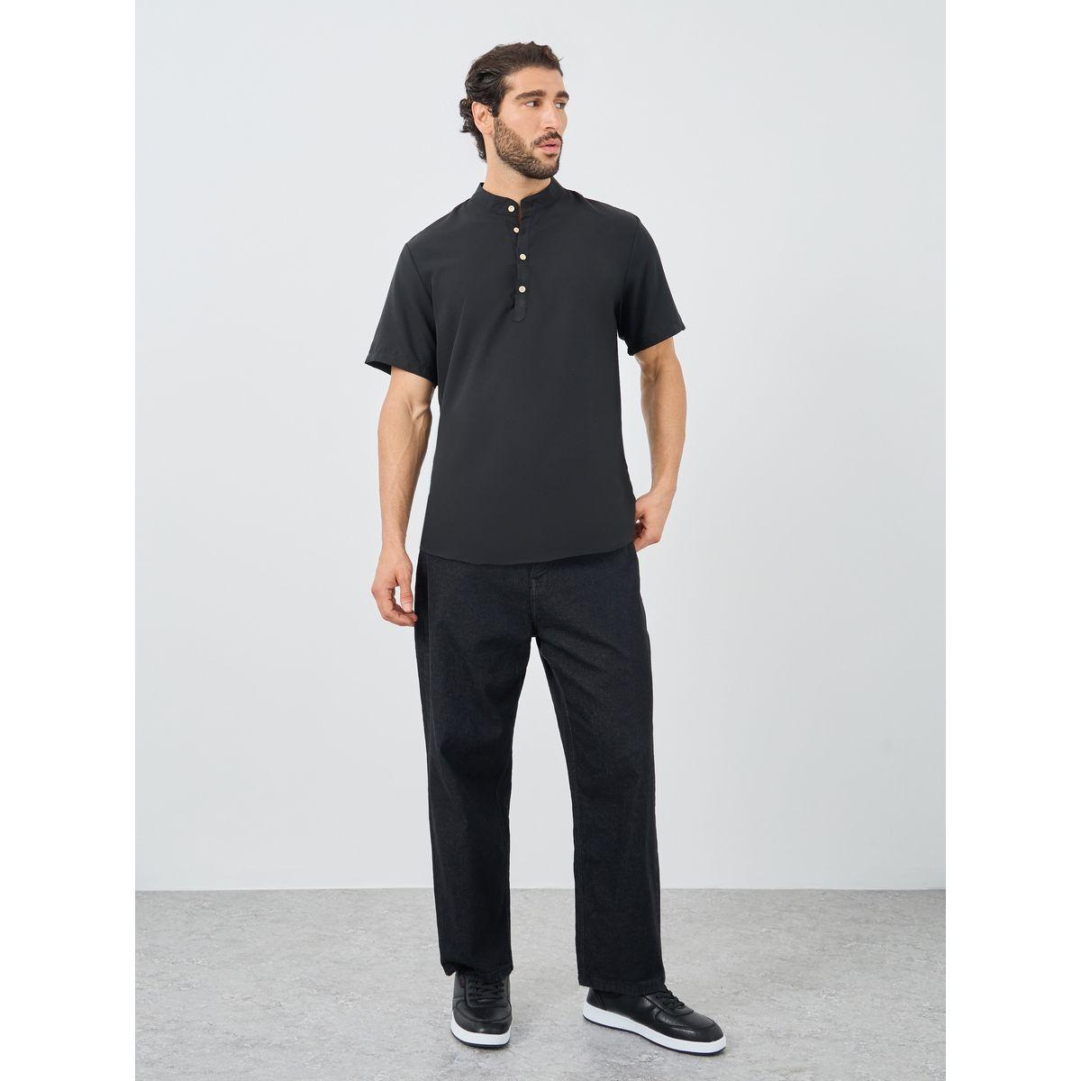 Styli Mandarin Collar Half Placket Short Sleeve Slim Fit Shirt-men-clothing-shirts-image-2