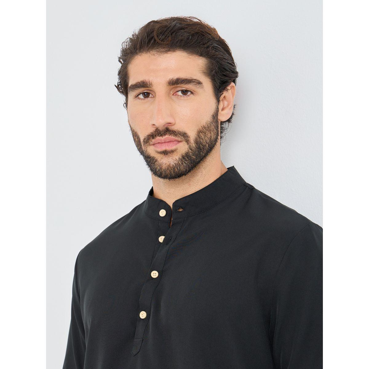 Styli Mandarin Collar Half Placket Short Sleeve Slim Fit Shirt-men-clothing-shirts-image-3