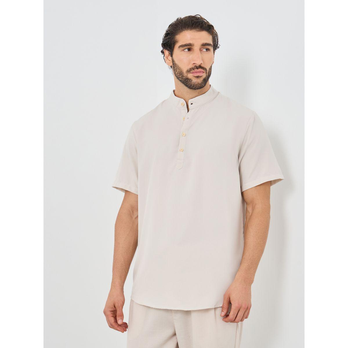 Styli Mandarin Collar Half Placket Short Sleeve Slim Fit Shirt-men-clothing-shirts-image-1