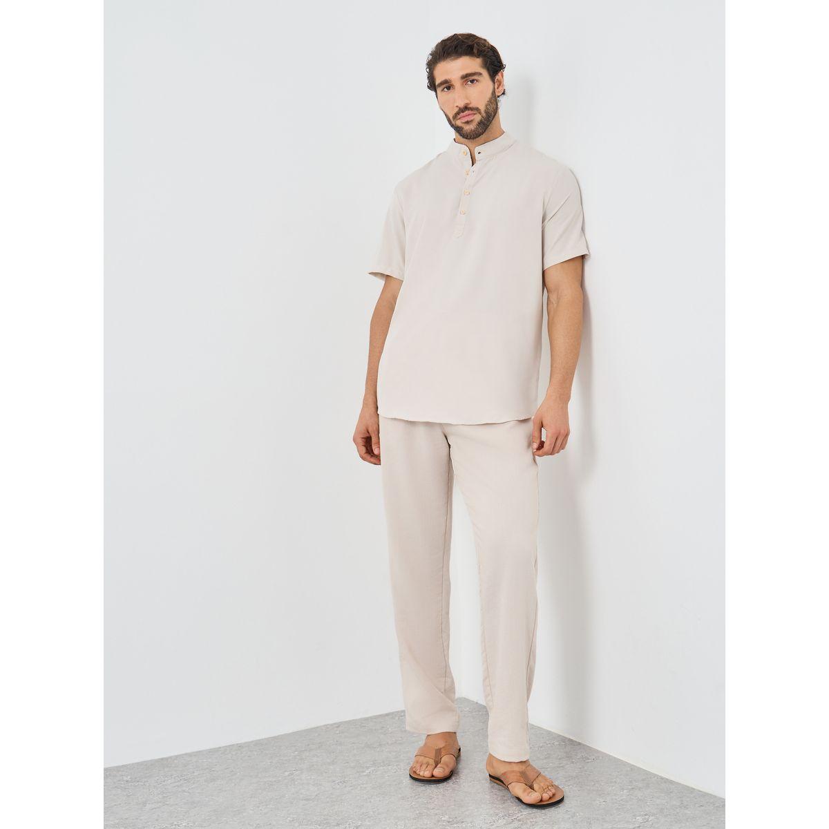 Styli Mandarin Collar Half Placket Short Sleeve Slim Fit Shirt-men-clothing-shirts-image-2