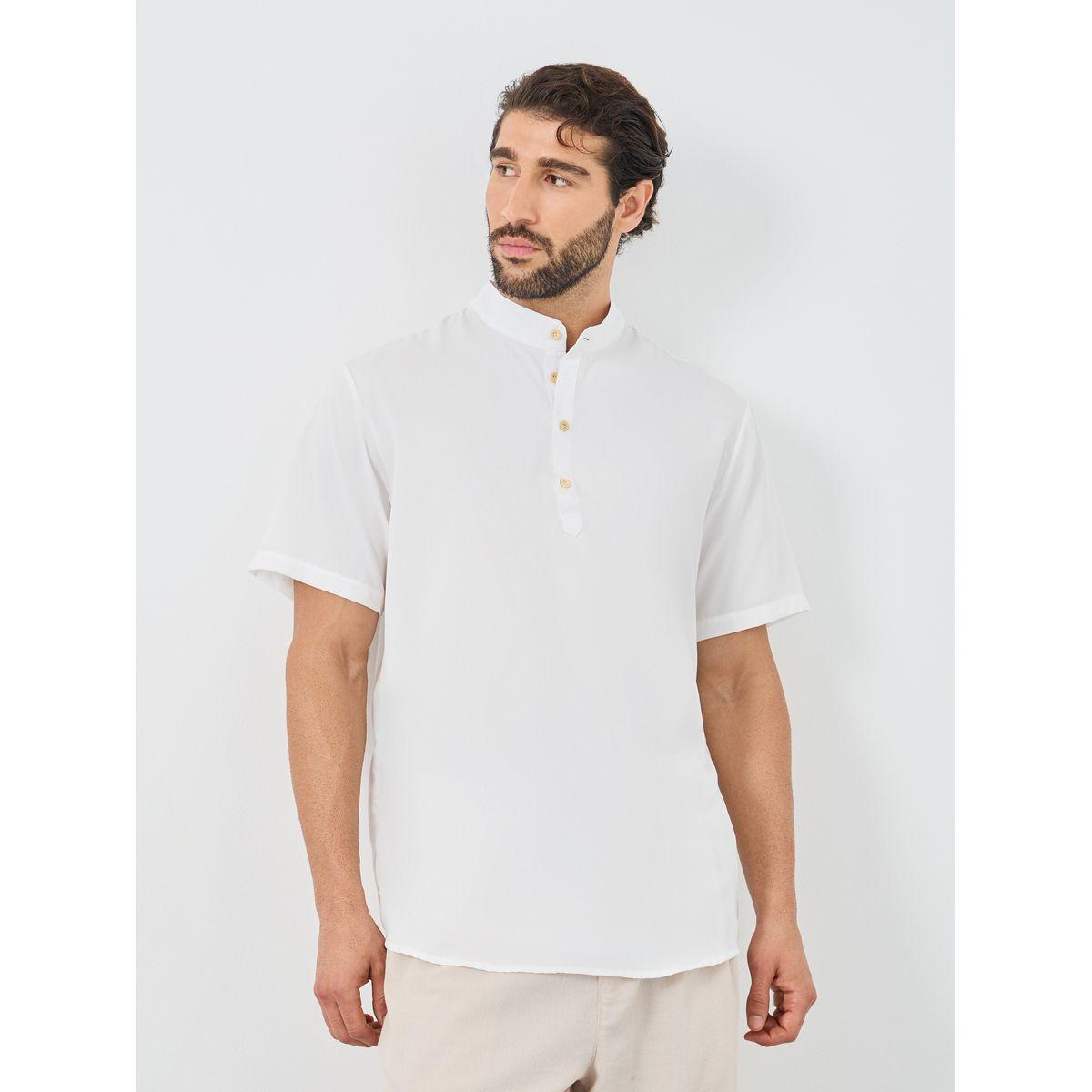 Styli Mandarin Collar Half Placket Short Sleeve Slim Fit Shirt-men-clothing-shirts-image-1