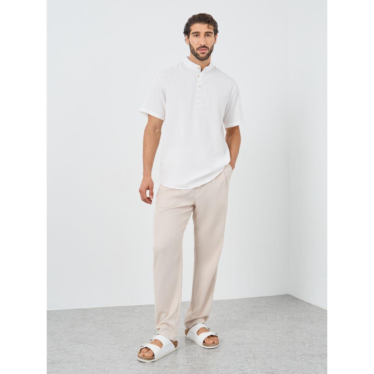 Styli Mandarin Collar Half Placket Short Sleeve Slim Fit Shirt-men-clothing-shirts-image-2