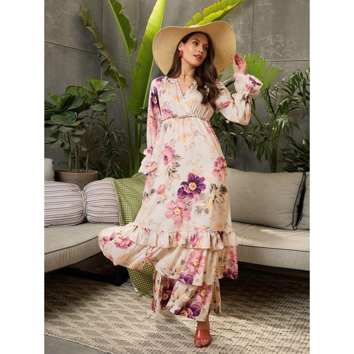 فستان طويل واسع مطبع بطبعة زهور وكشكش-women-clothing-ethnicwear-dresses-image-1