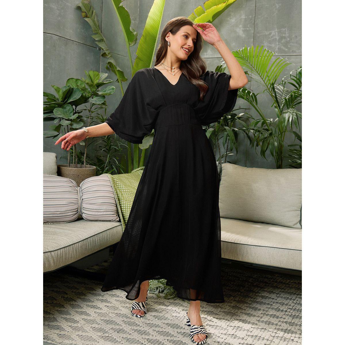 Sassafras Solid V-Neck Kimono Sleeve Maxi Dress-women-clothing-ethnicwear-dresses-image-1