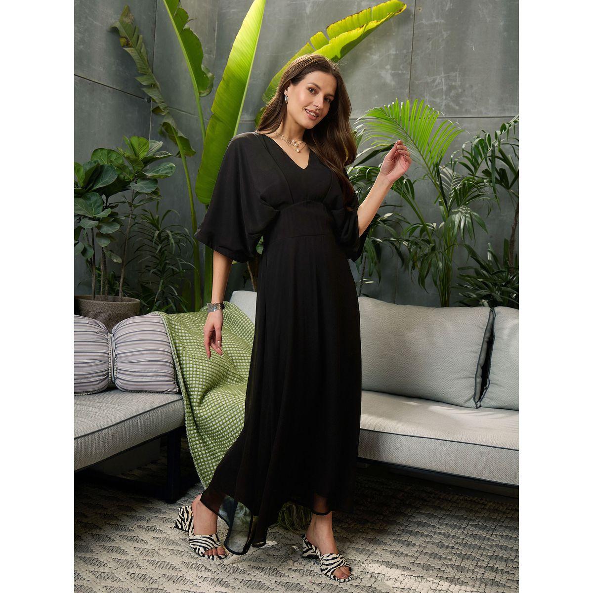 Sassafras Solid V-Neck Kimono Sleeve Maxi Dress-women-clothing-ethnicwear-dresses-image-3