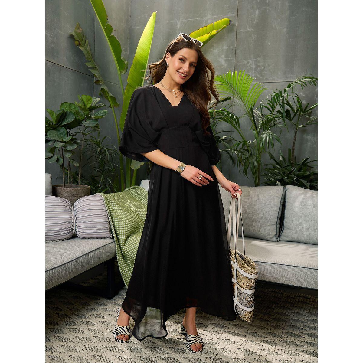 Sassafras Solid V-Neck Kimono Sleeve Maxi Dress-women-clothing-ethnicwear-dresses-image-6