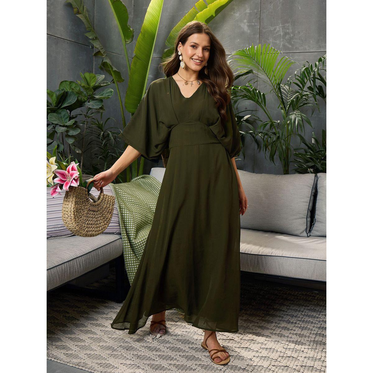 Sassafras Solid V-Neck Kimono Sleeve Maxi Dress-women-clothing-ethnicwear-dresses-image-1