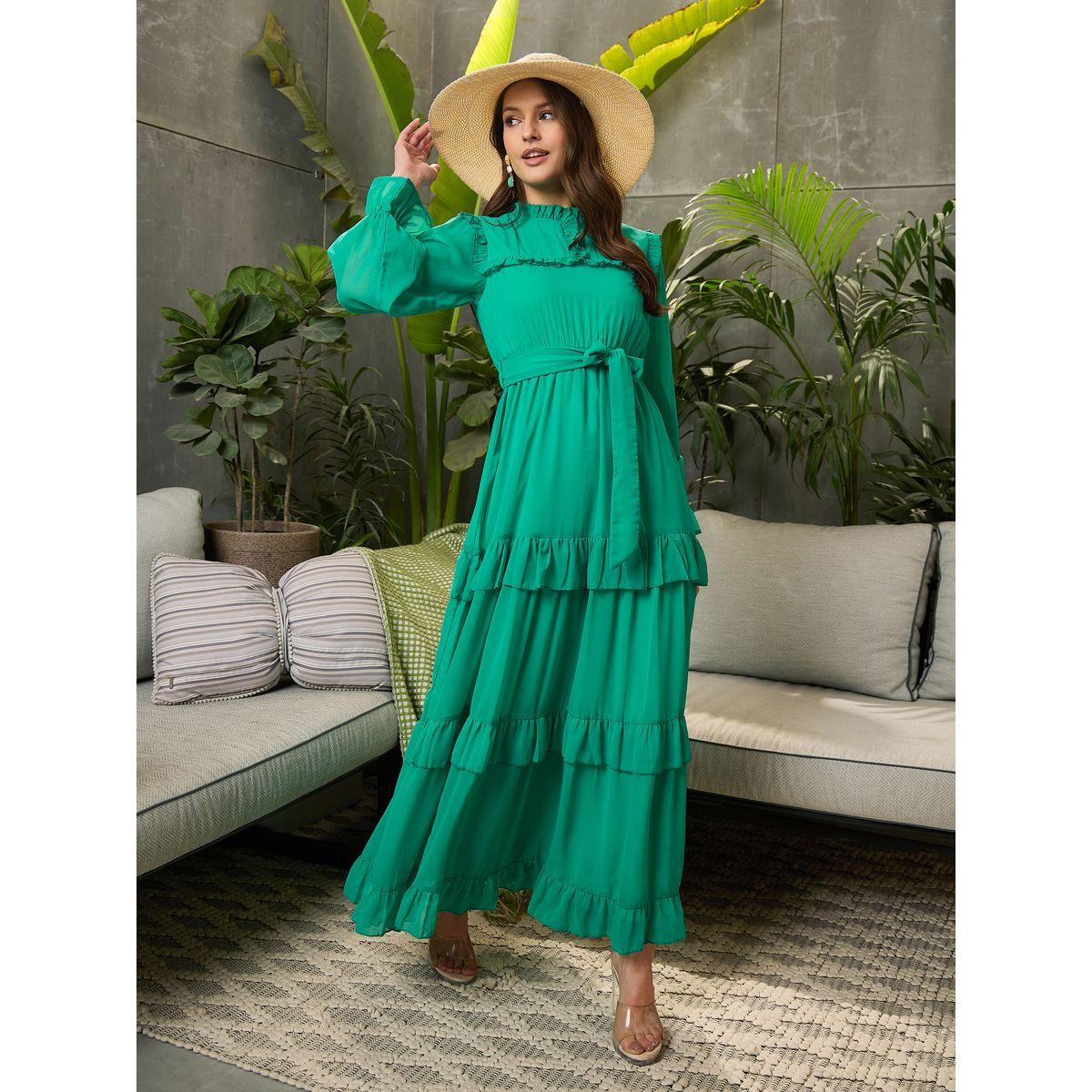 فستان طويل بكسرات وخصر بأربطة مع كشكش-women-clothing-ethnicwear-dresses-image-1