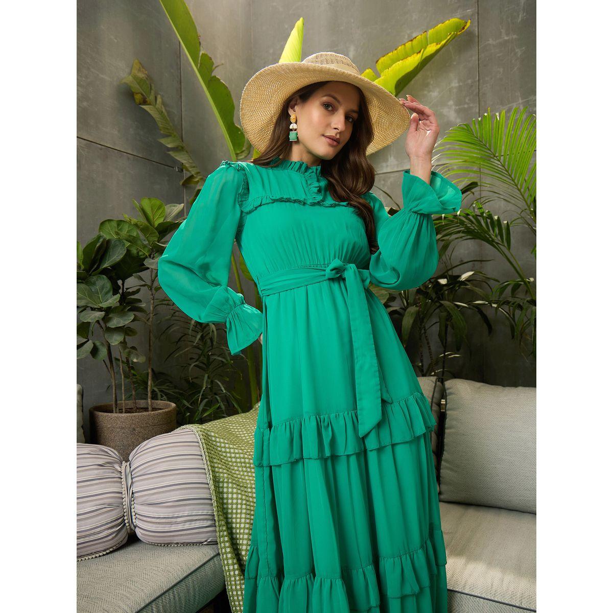 فستان طويل بكسرات وخصر بأربطة مع كشكش-women-clothing-ethnicwear-dresses-image-2