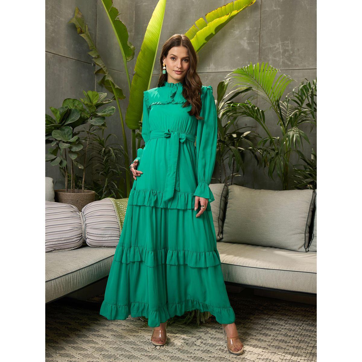 فستان طويل بكسرات وخصر بأربطة مع كشكش-women-clothing-ethnicwear-dresses-image-6