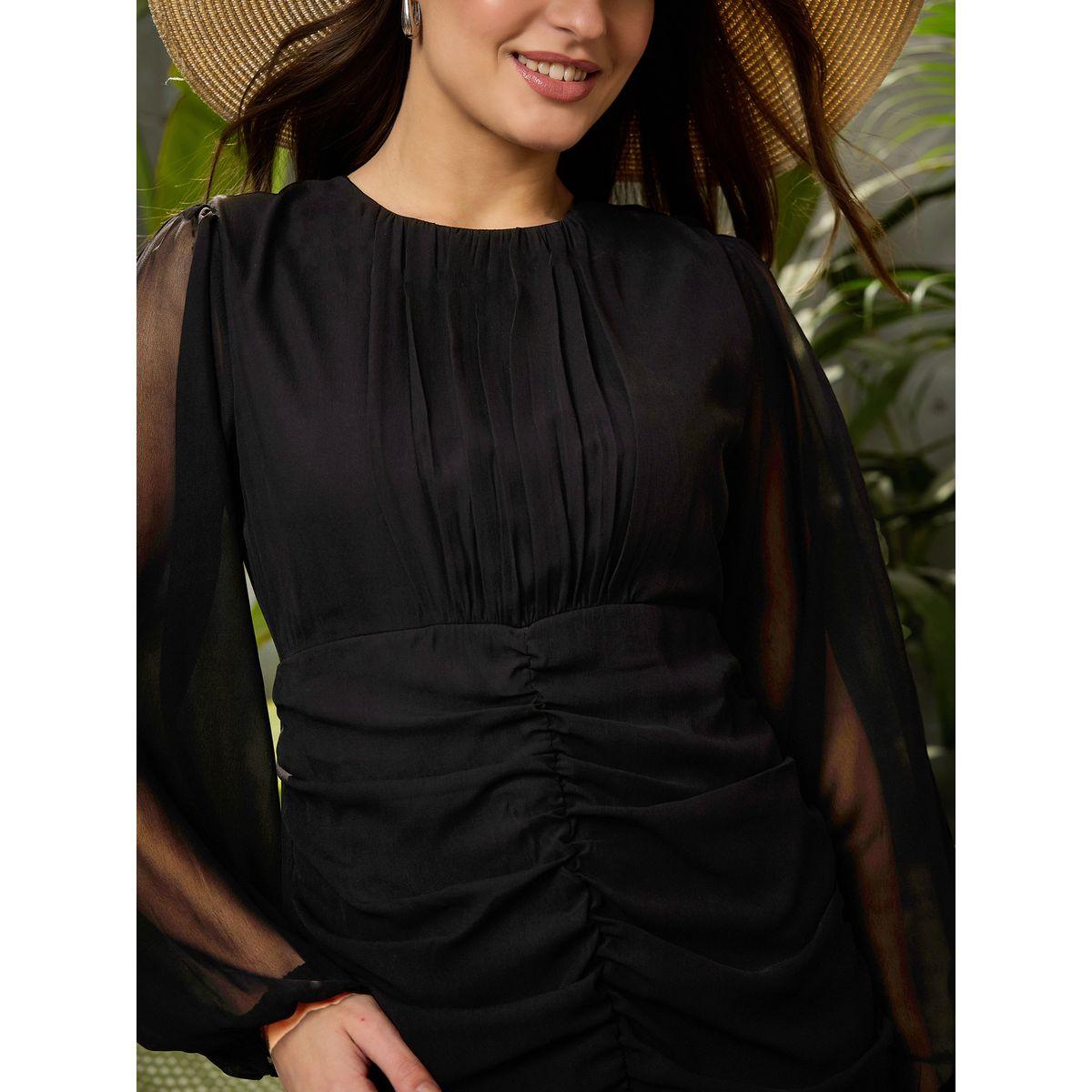 فستان ميدي بأكمام بالون وتفاصيل مزمومة-women-clothing-ethnicwear-dresses-image-4