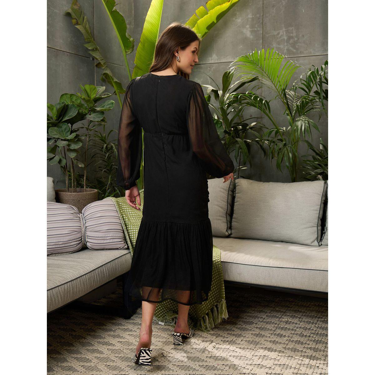 فستان ميدي بأكمام بالون وتفاصيل مزمومة-women-clothing-ethnicwear-dresses-image-5