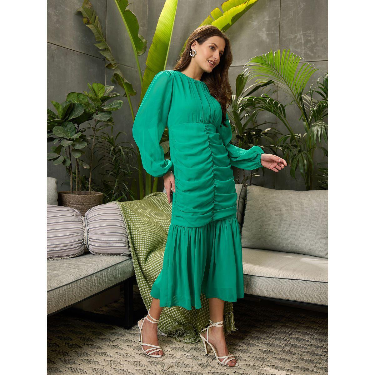 فستان ميدي بأكمام بالون وتفاصيل مزمومة-women-clothing-ethnicwear-dresses-image-3