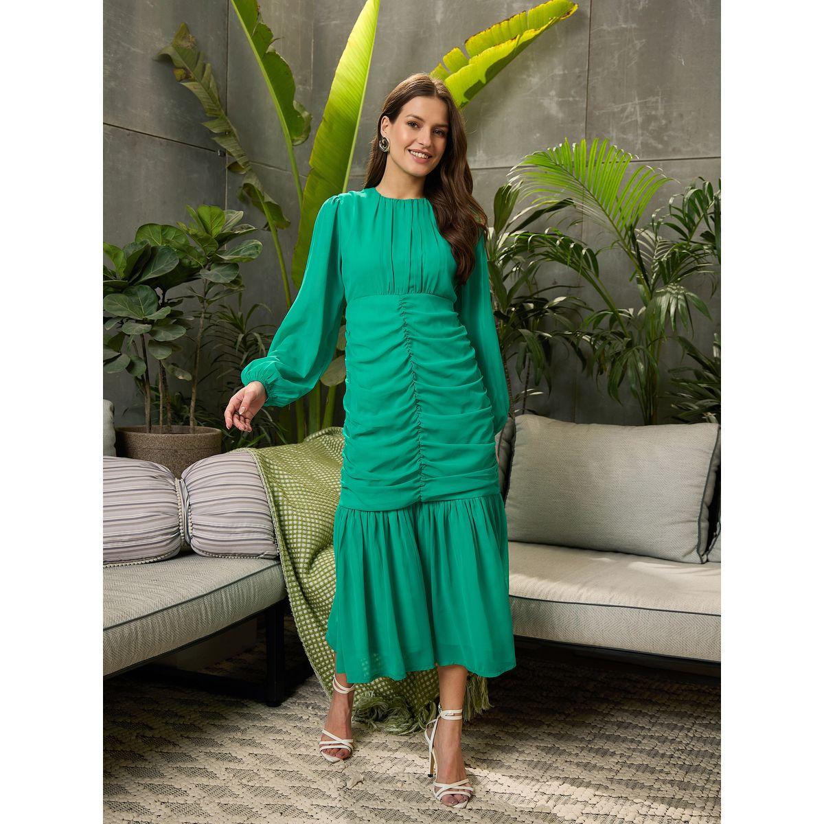 فستان ميدي بأكمام بالون وتفاصيل مزمومة-women-clothing-ethnicwear-dresses-image-6