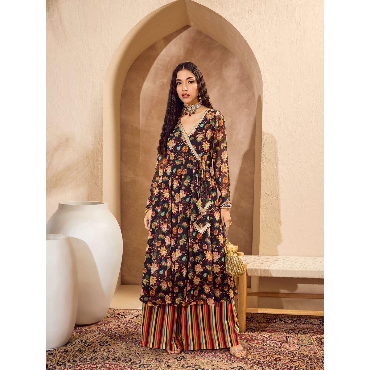 مجموعة من بنطال بالازو مع كورتا اناركالي بنمط لف-women-clothing-ethnicwear-kurtasets-image-2