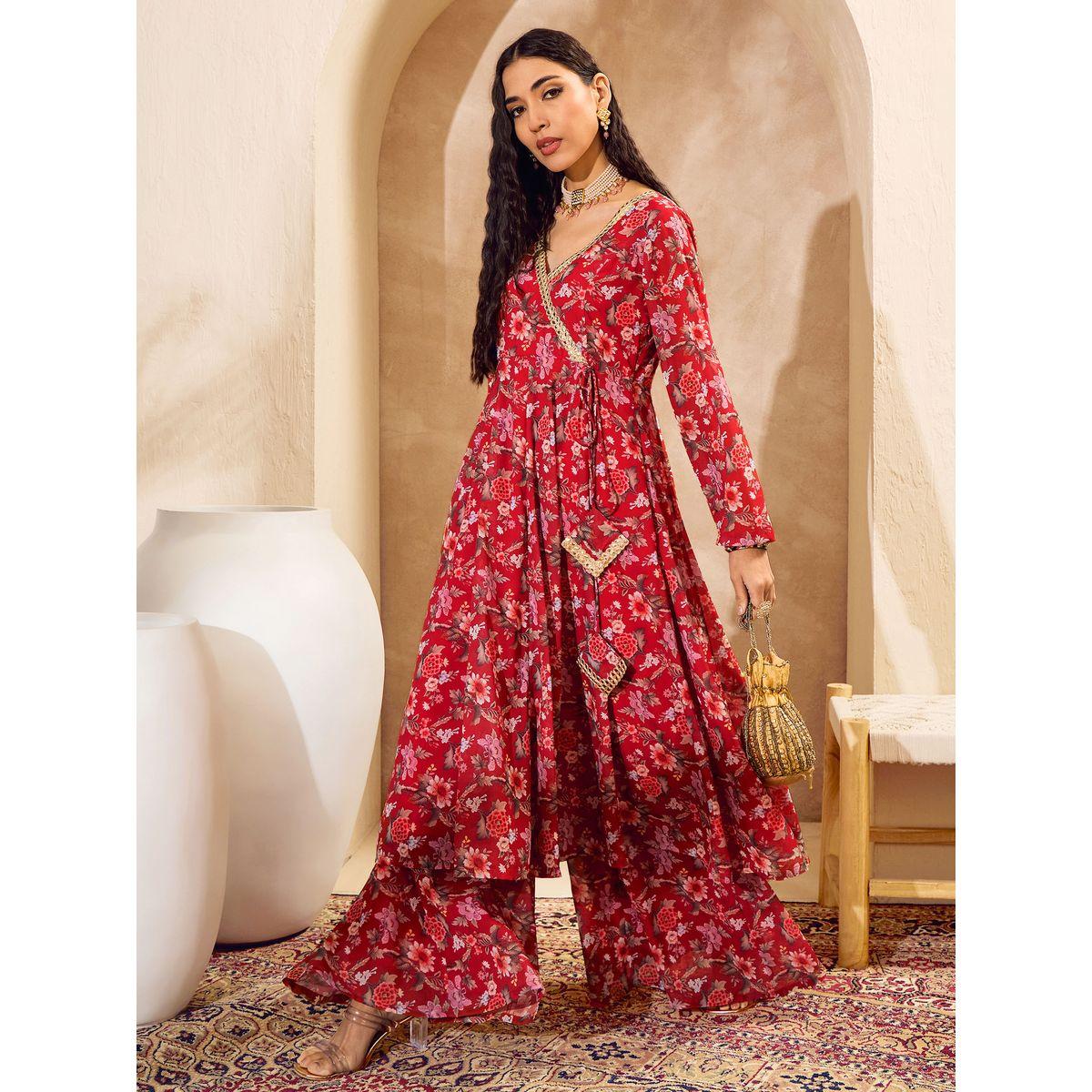 Sassafras Floral Print Wrap Anarkali Kurta with Palazzos Set-women-clothing-ethnicwear-kurtasets-image-1