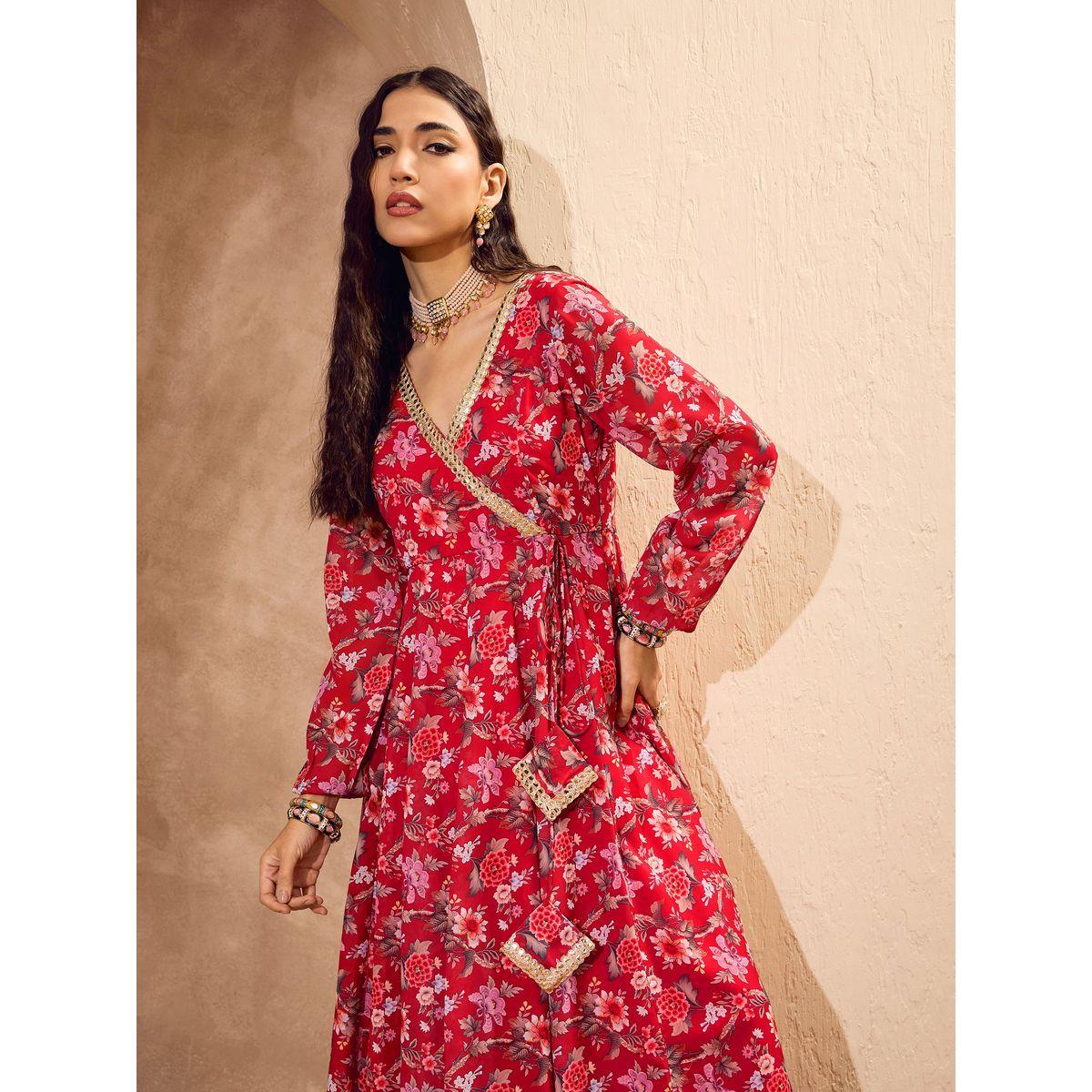 Sassafras Floral Print Wrap Anarkali Kurta with Palazzos Set-women-clothing-ethnicwear-kurtasets-image-6