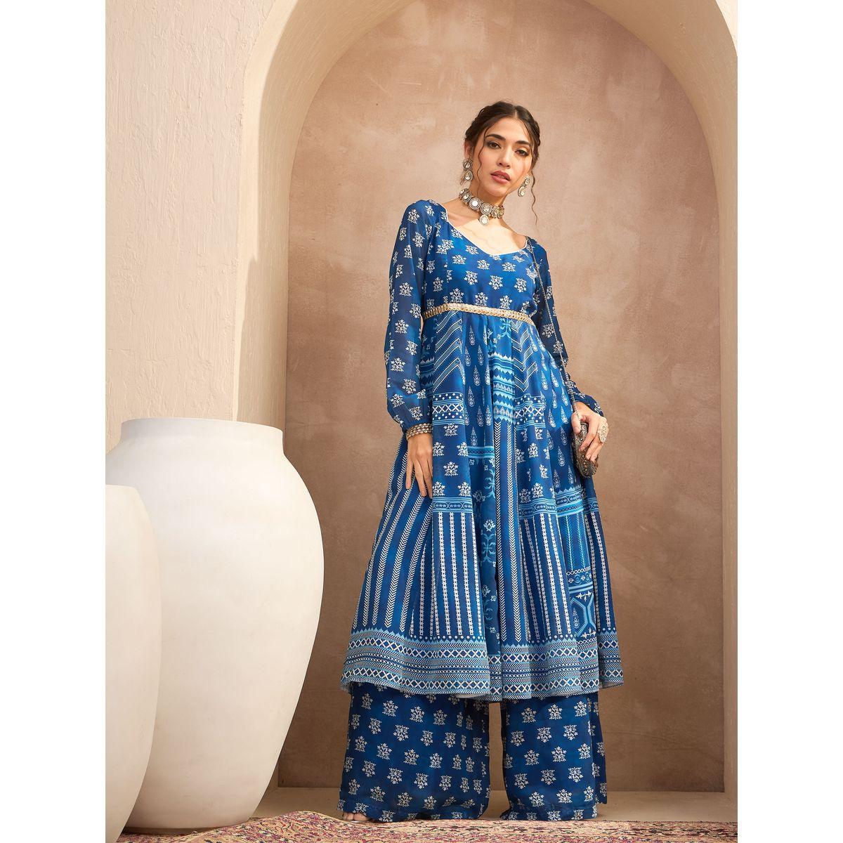 مجموعة من بنطال بالازو مع كورتا اناركالي بطبعة زهور-women-clothing-ethnicwear-kurtasets-image-1