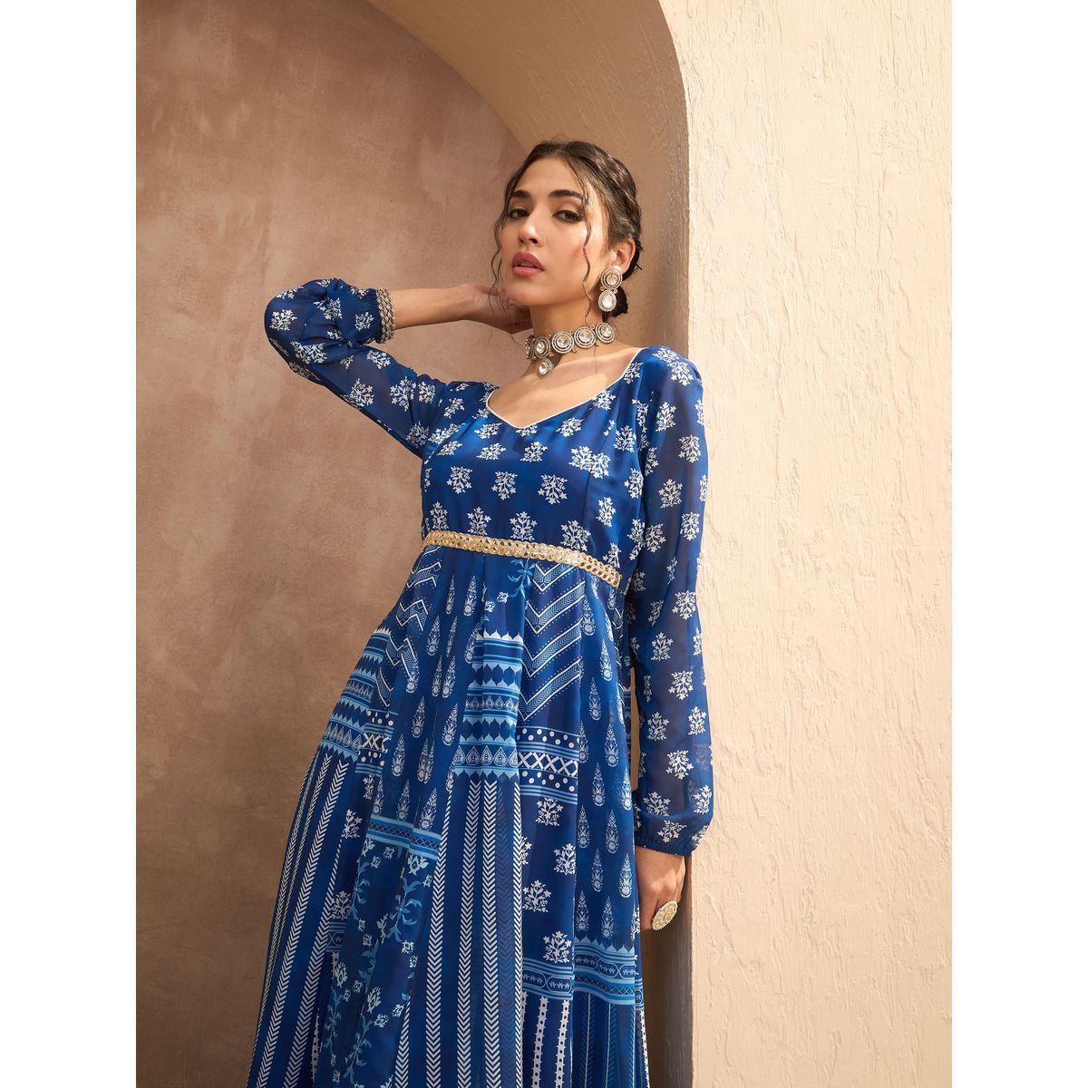مجموعة من بنطال بالازو مع كورتا اناركالي بطبعة زهور-women-clothing-ethnicwear-kurtasets-image-2