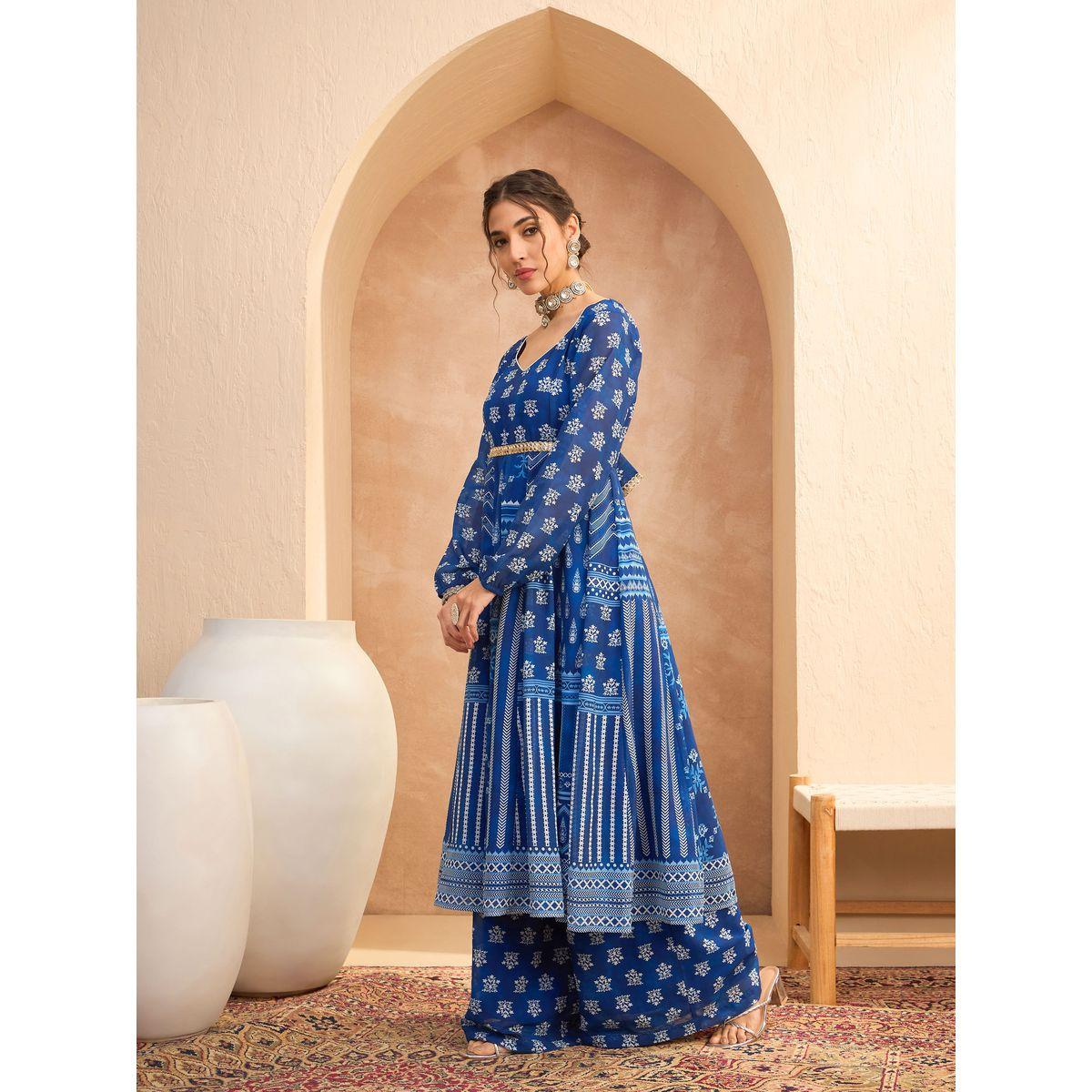 مجموعة من بنطال بالازو مع كورتا اناركالي بطبعة زهور-women-clothing-ethnicwear-kurtasets-image-3